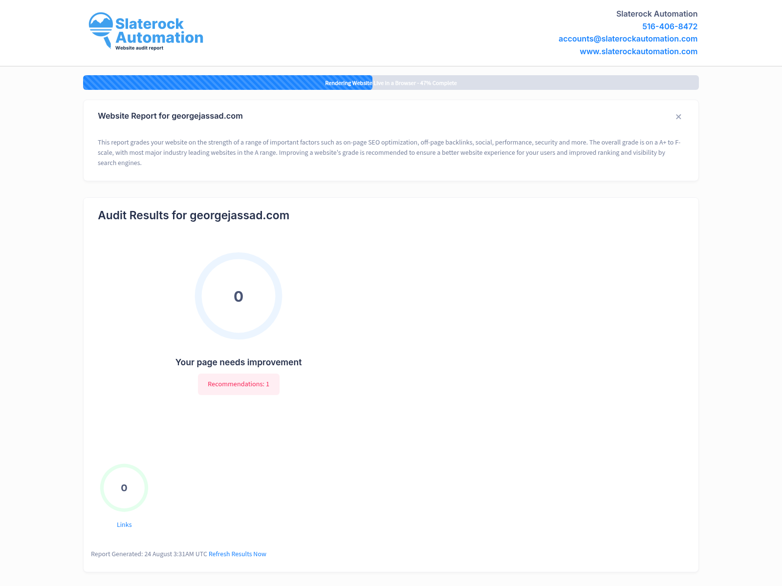 Screenshot of a website audit highlighting George Jassad's professional achievements and contributions.