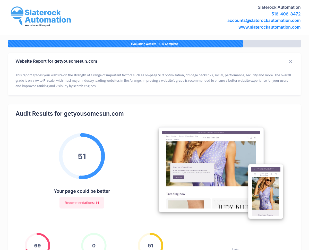 Website audit screenshot showing the excellent reputation and glowing reviews for Get You Some Sun in Lucas County, Ohio.