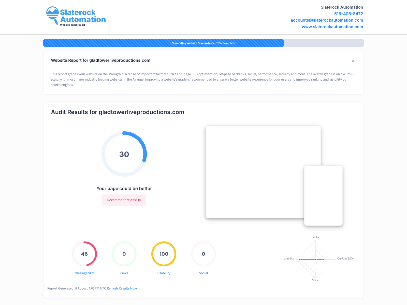 Screenshot of Glad Tower Live Productions website audit showing high ratings and positive reviews.