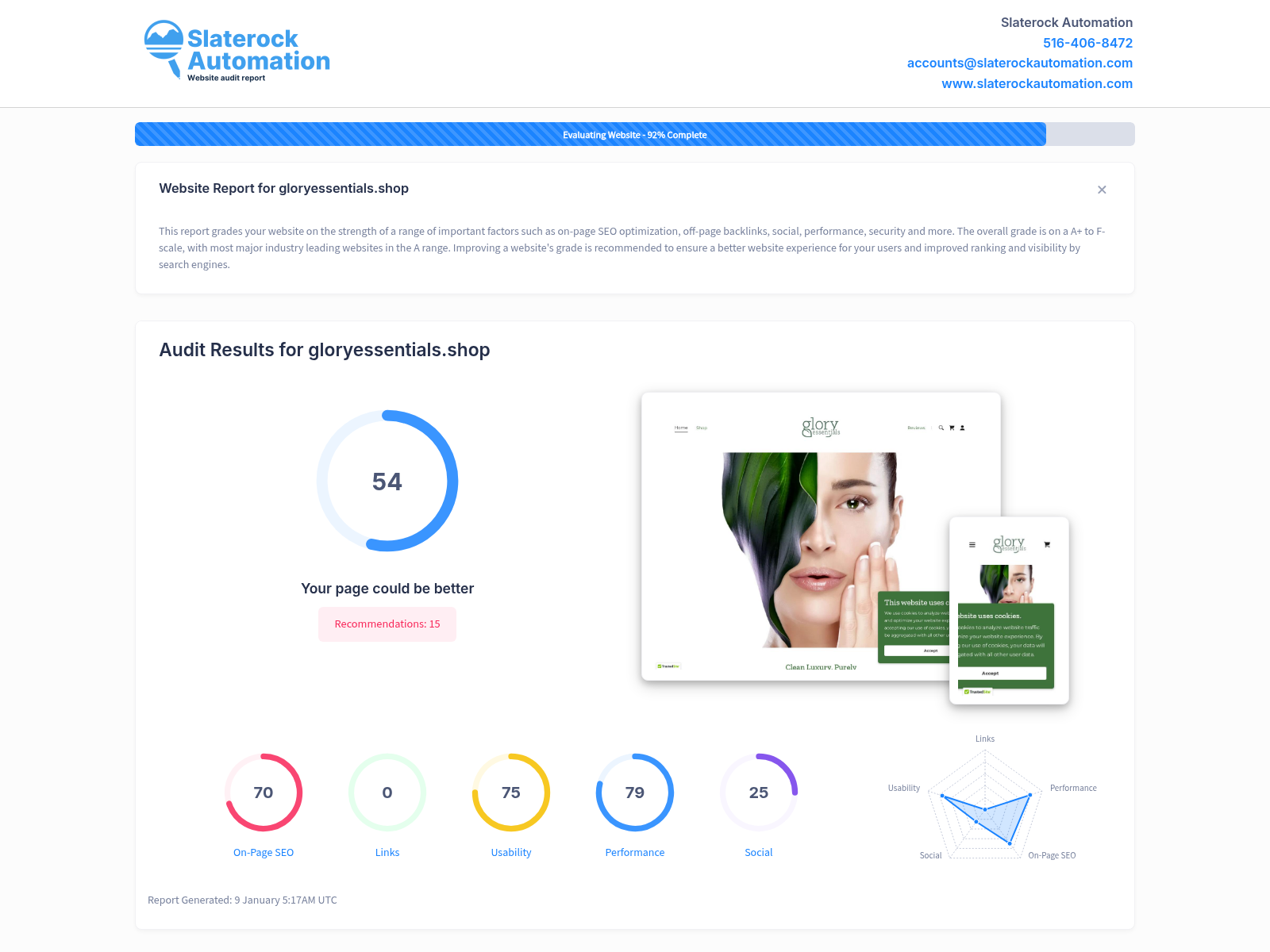 Screenshot of a website audit showcasing Glory Essentials' clean luxury skincare products