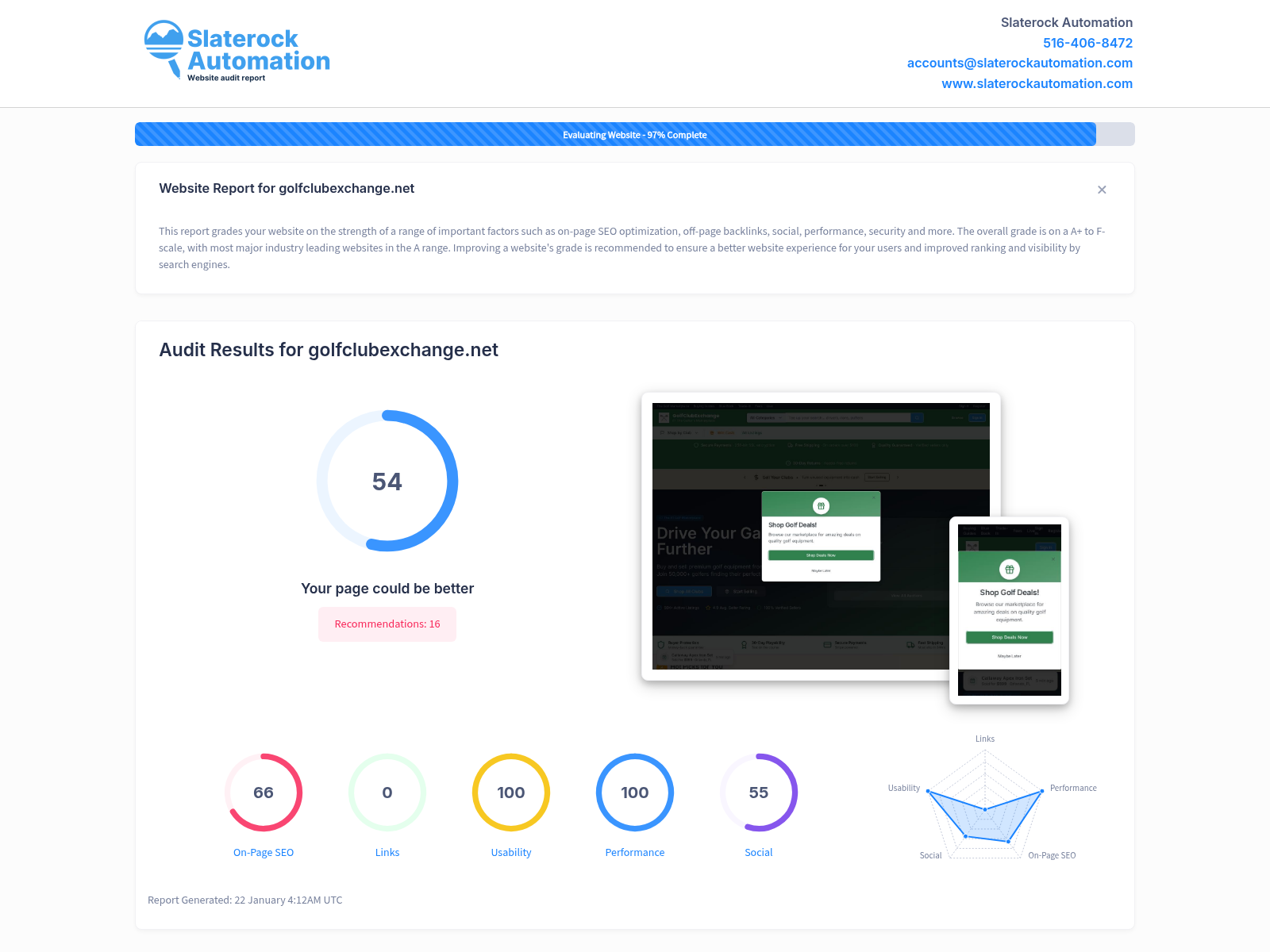 A detailed website audit screenshot showcasing Golf Club Exchange's performance metrics and optimization opportunities.
