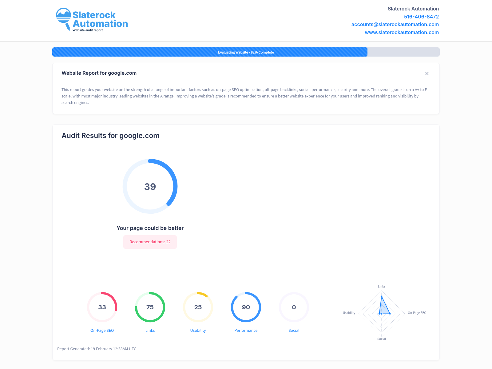 Screenshot of a website audit showcasing the performance and SEO metrics for Google's New York website.