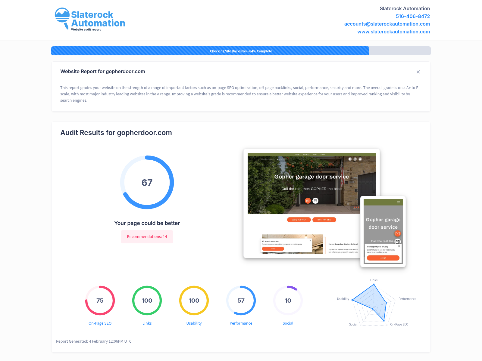 A screenshot of a website audit for Gopher Garage Door Service showcasing performance metrics and optimization opportunities.