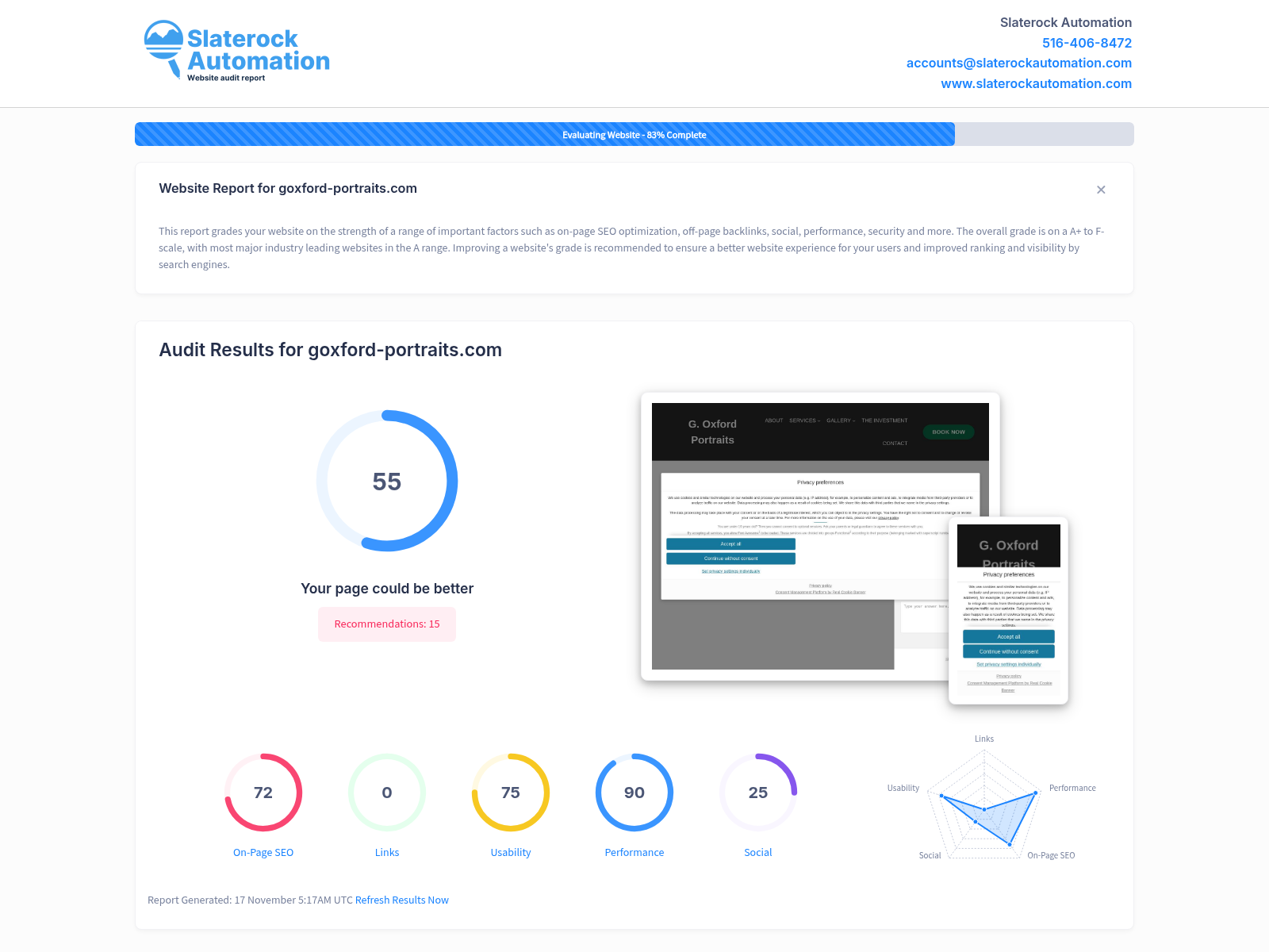 Website audit screenshot showing G. Oxford Portraits services and client testimonials.