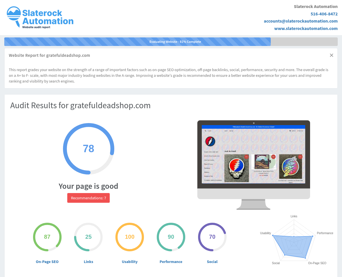 Screenshot of website audit results for Grateful Dead Shop, showcasing site performance and optimization metrics.