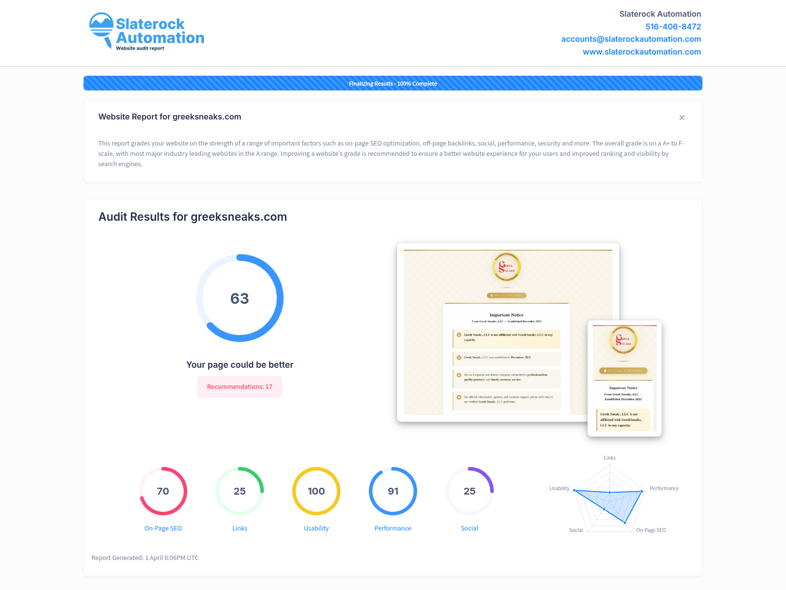 Screenshot of Greek Sneaks website audit showcasing excellent customer service and product quality.