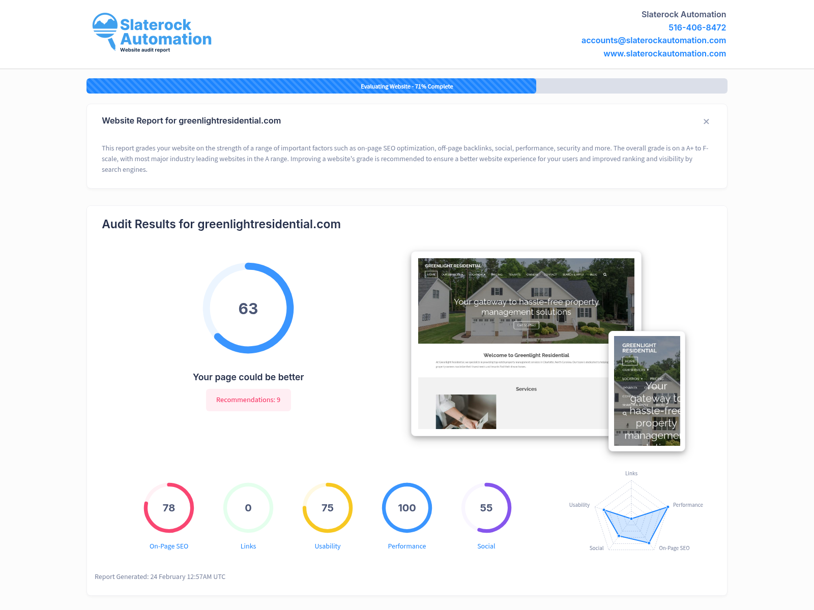 Website audit screenshot showcasing Greenlight Residential's property management services and commitment to customer satisfaction.