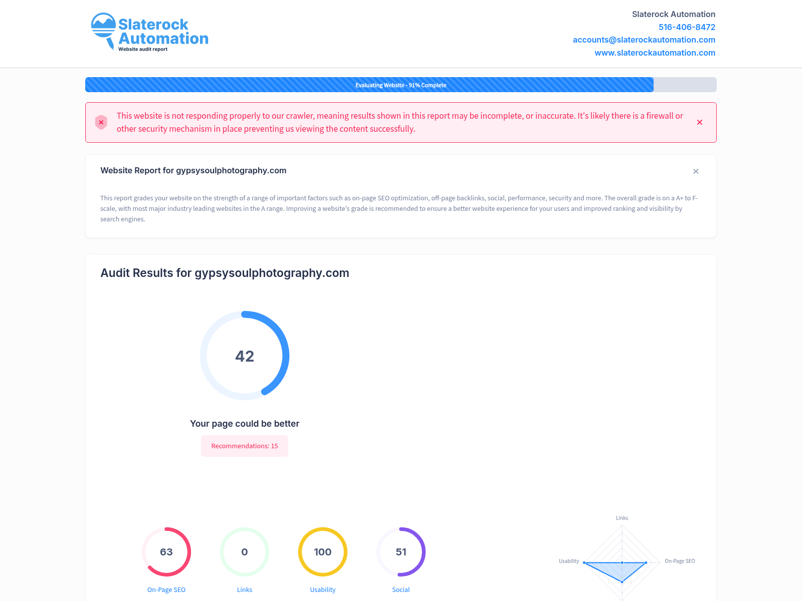 Screenshot of website audit for Gypsy Soul Photography showcasing performance metrics and SEO analysis.