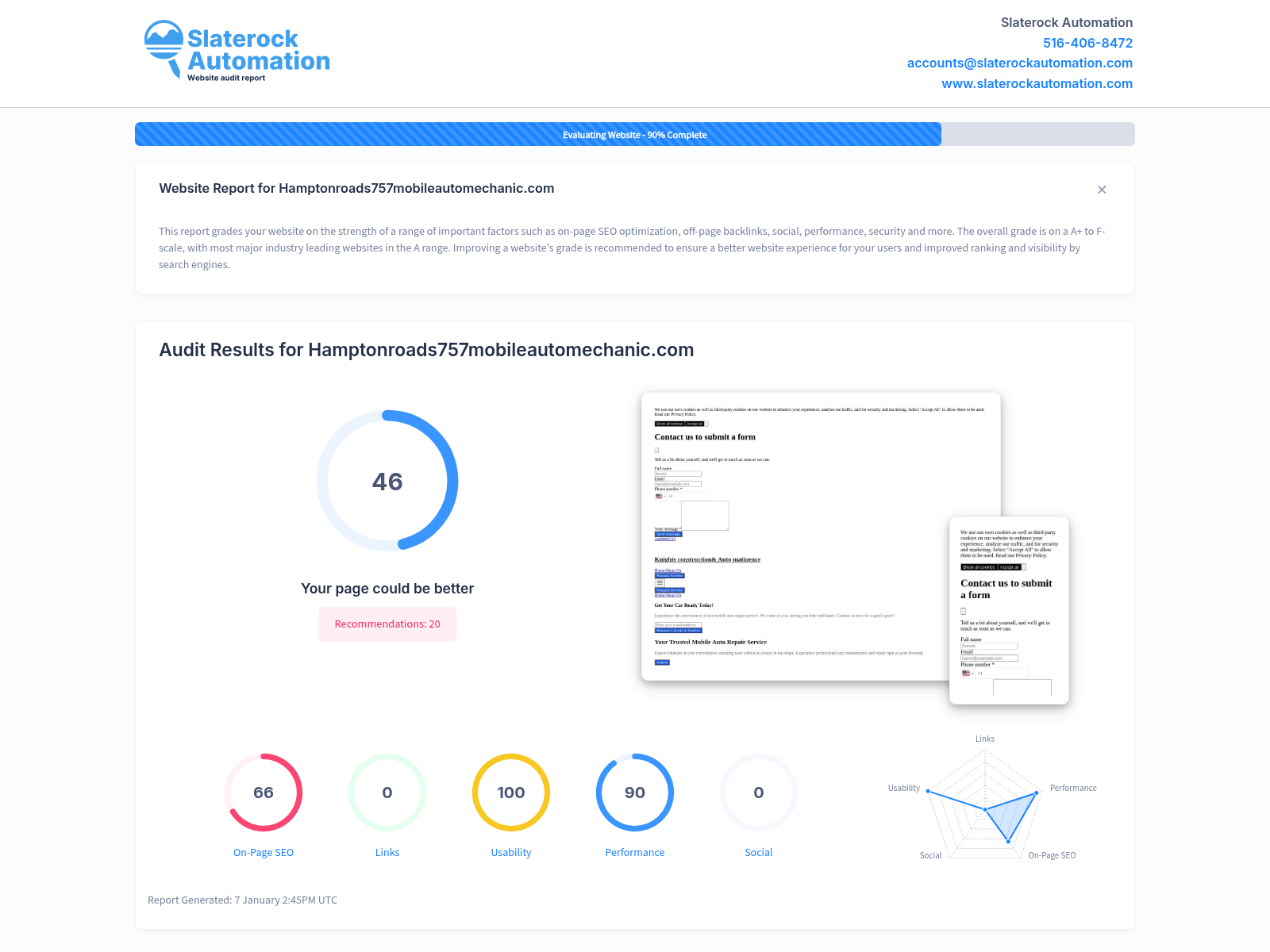 Screenshot of a website audit for Hampton Roads 757 Mobile Auto Mechanic showing performance metrics and optimization suggestions.