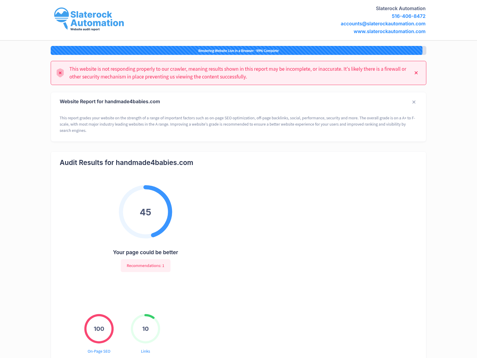Screenshot of the website audit for Handmade 4 Babies, showcasing performance metrics and SEO health.