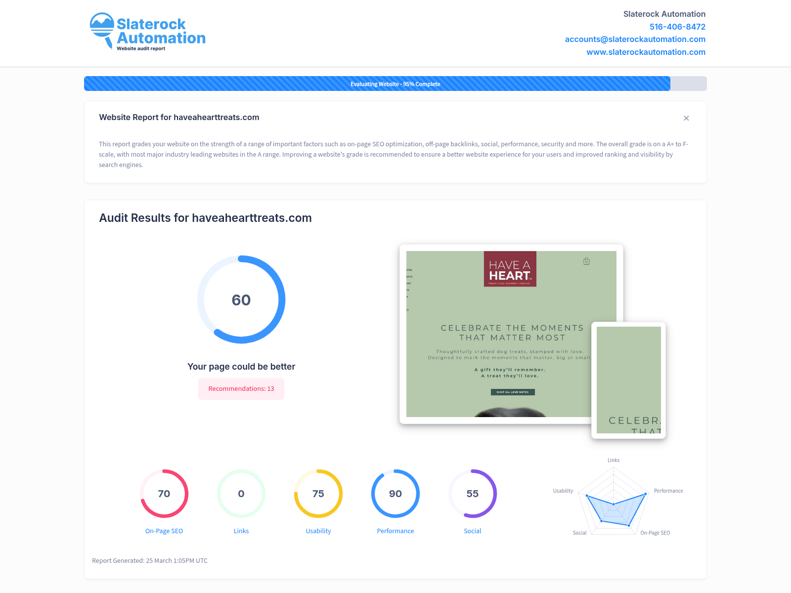 Website audit screenshot of Have A Heart Treats, showcasing their unique dog treat offerings.