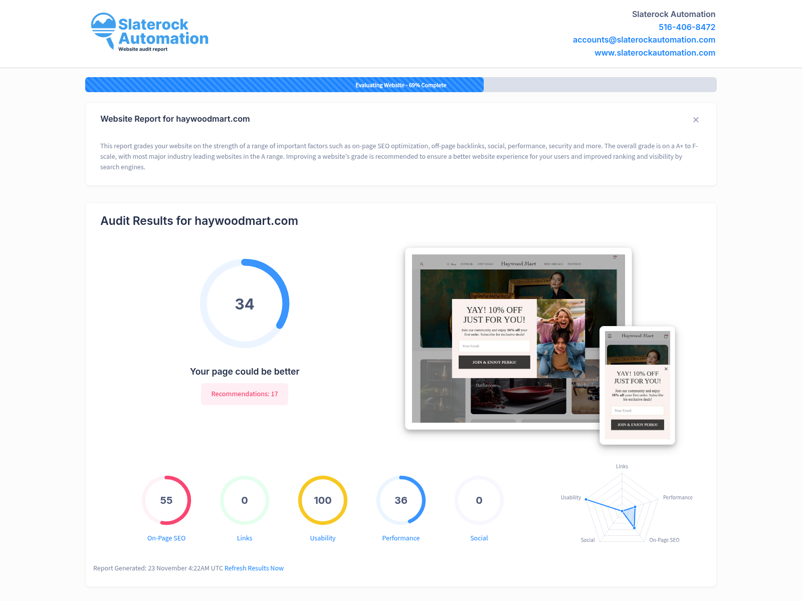 Screenshot of Haywood Mart's website audit showcasing optimized performance and user-friendly design.
