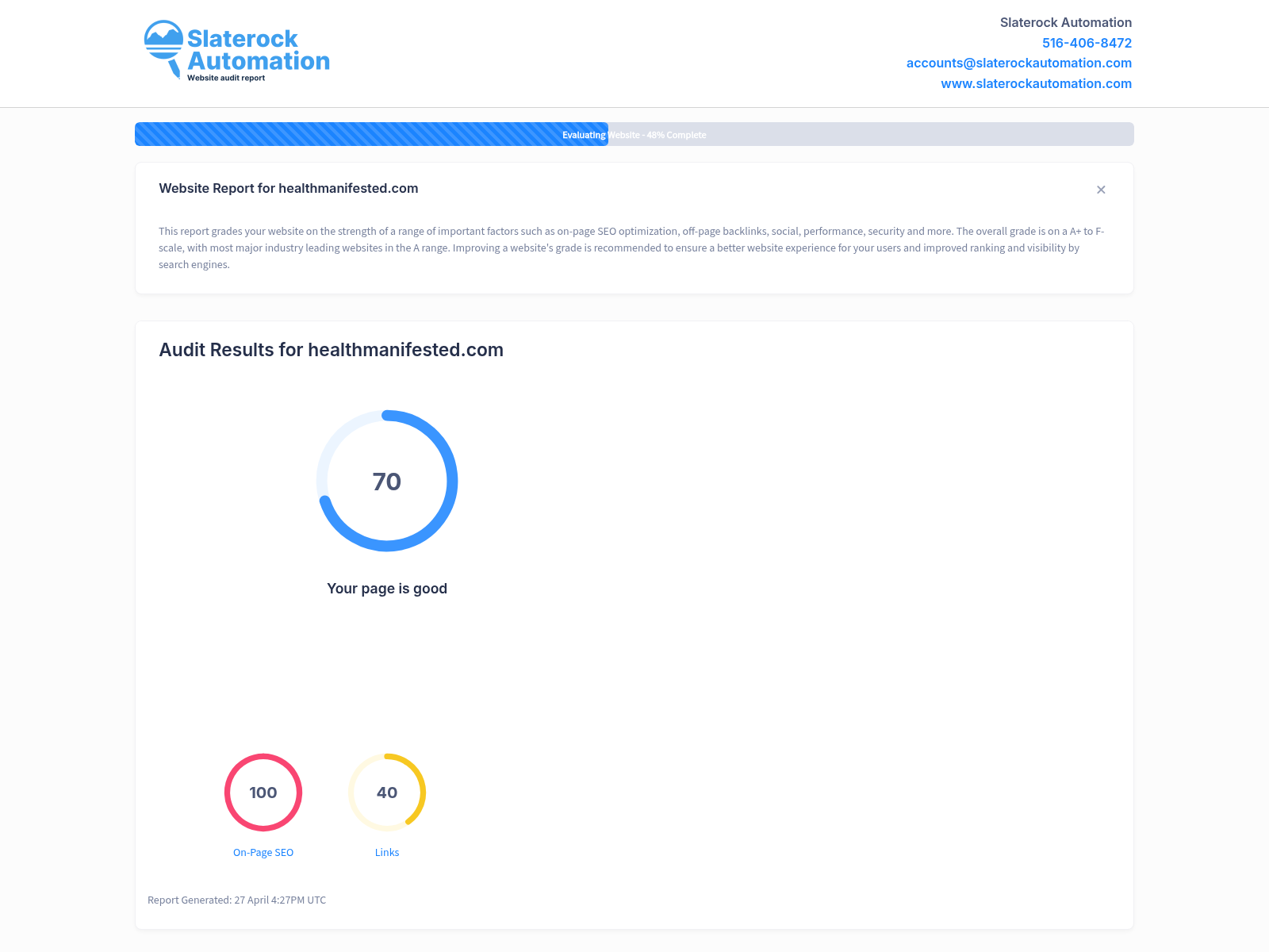 Screenshot of a website audit for Health Manifested, highlighting key performance indicators and SEO metrics.