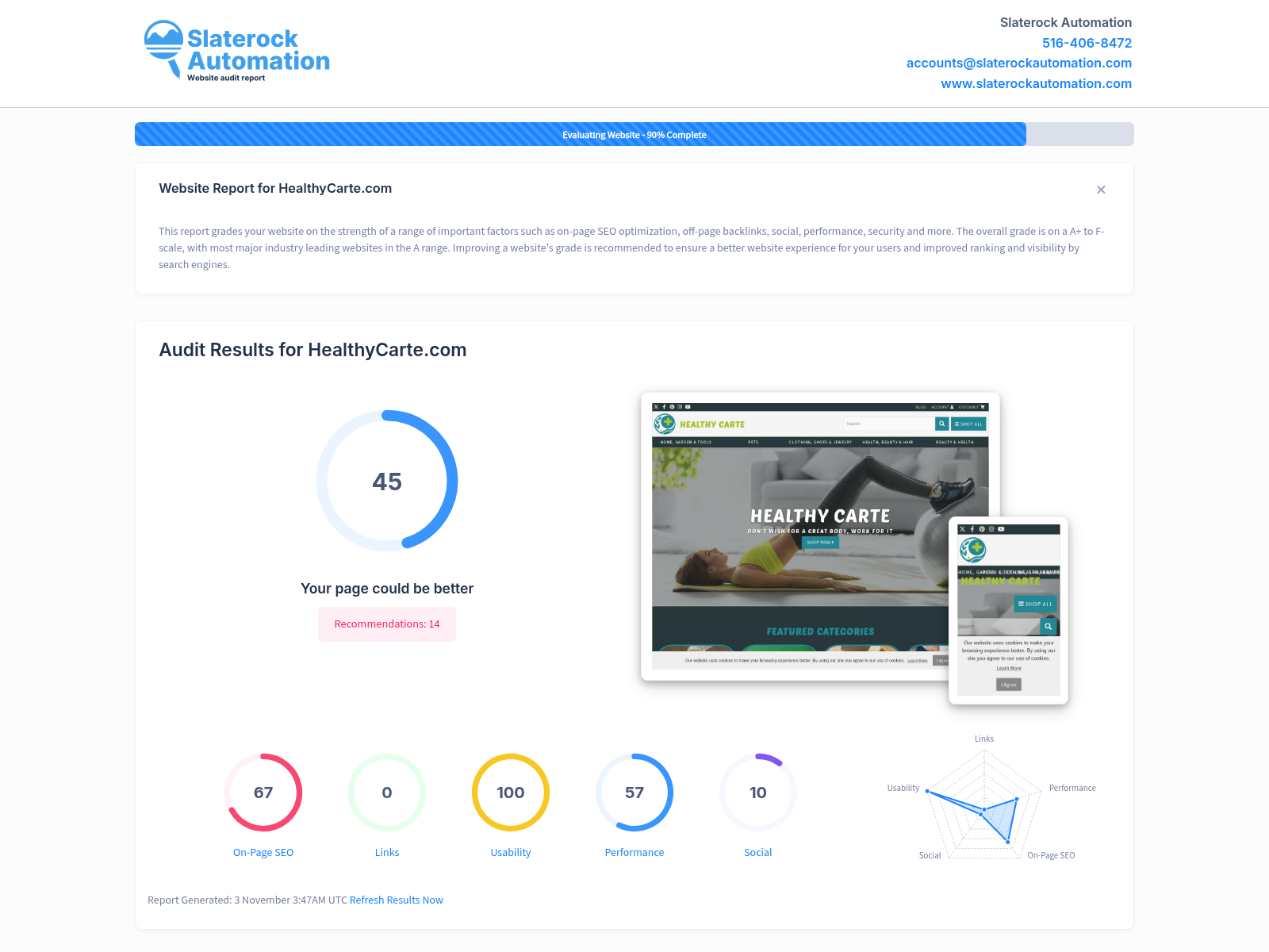 Website audit screenshot showing Healthy Carte's user-friendly online shopping platform.