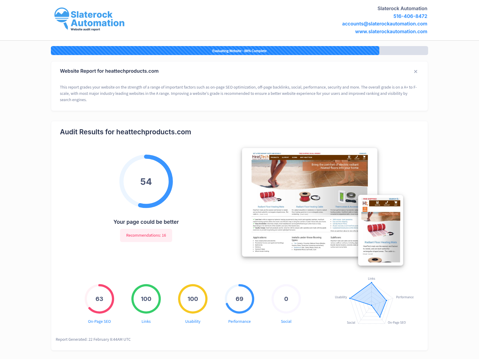 Screenshot of website audit showing Heattech Products' heating solutions and customer reviews.
