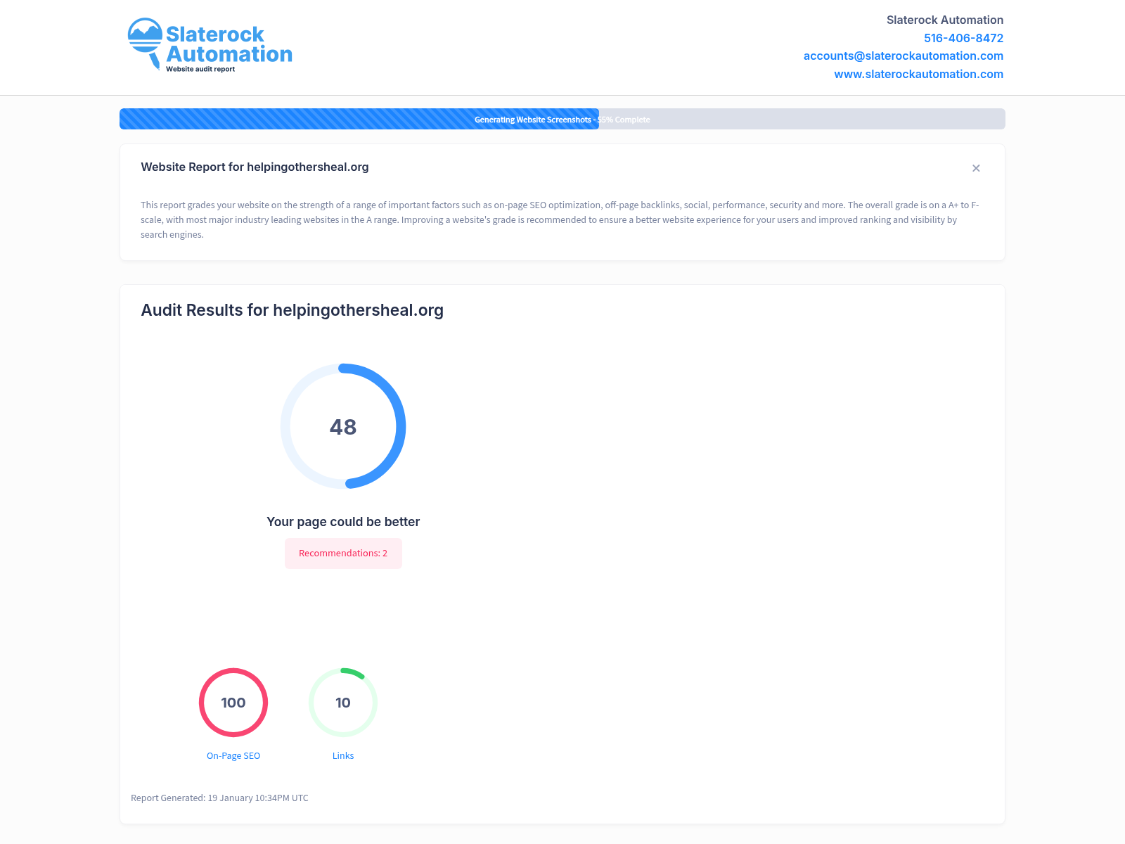 A colorful screenshot displaying the website audit results for Helping Others Heal, showcasing key metrics and insights.
