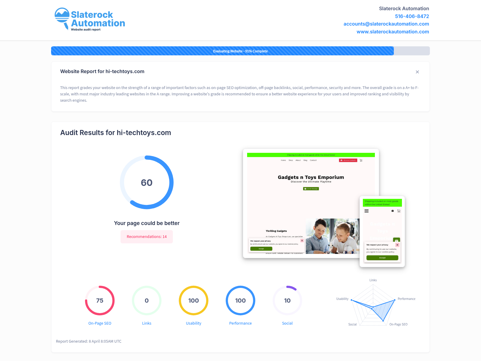 Screenshot of a comprehensive website audit for Hi-Tech Toys, showcasing site performance and SEO metrics.