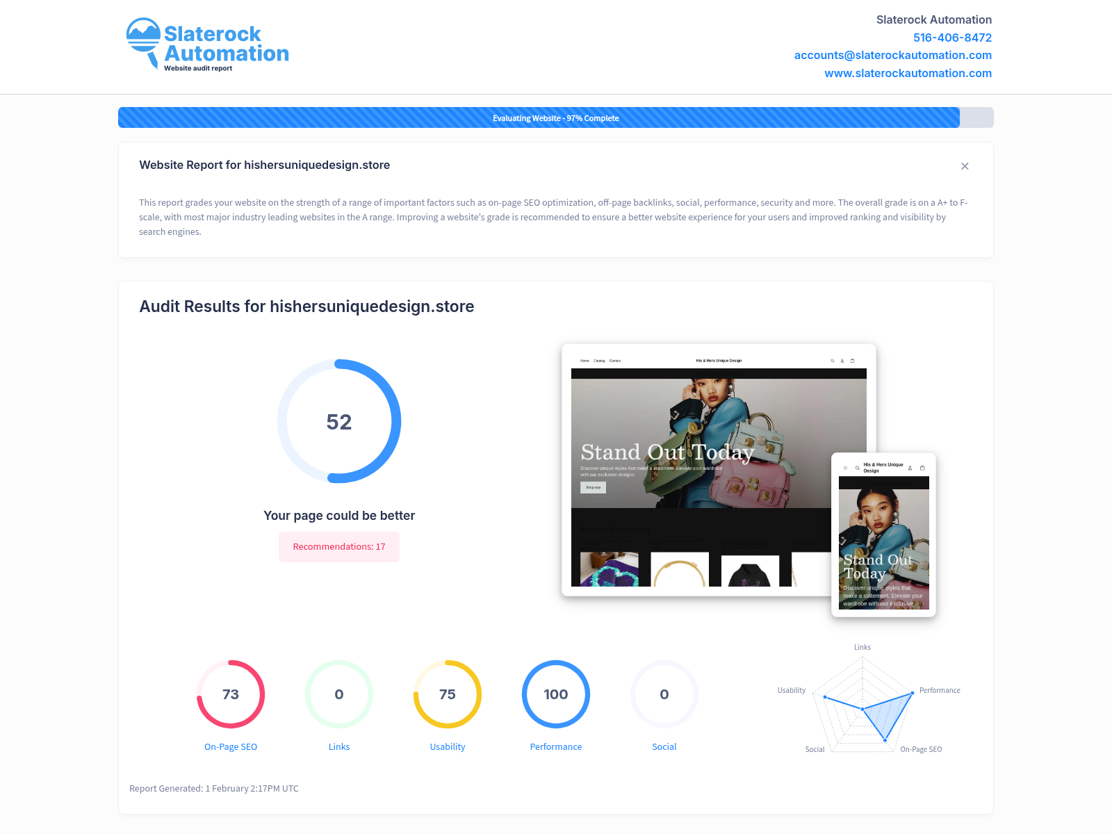 Screenshot of website audit showing His Hers Unique Design's fashion collections and customer feedback.