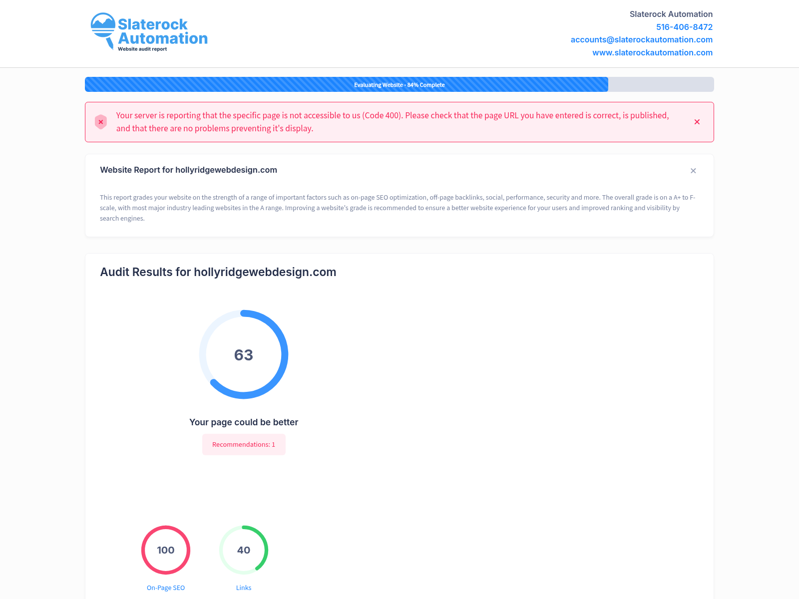 Screenshot of a website audit report for Holly Ridge Web Design showcasing their web performance metrics.