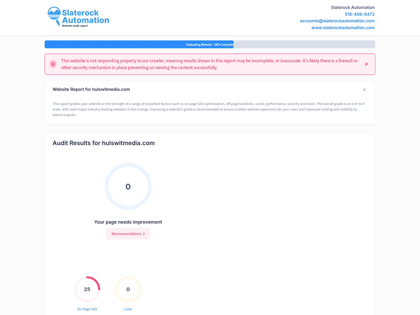 Screenshot of Hulswit Media's website audit showcasing performance metrics and optimization opportunities.