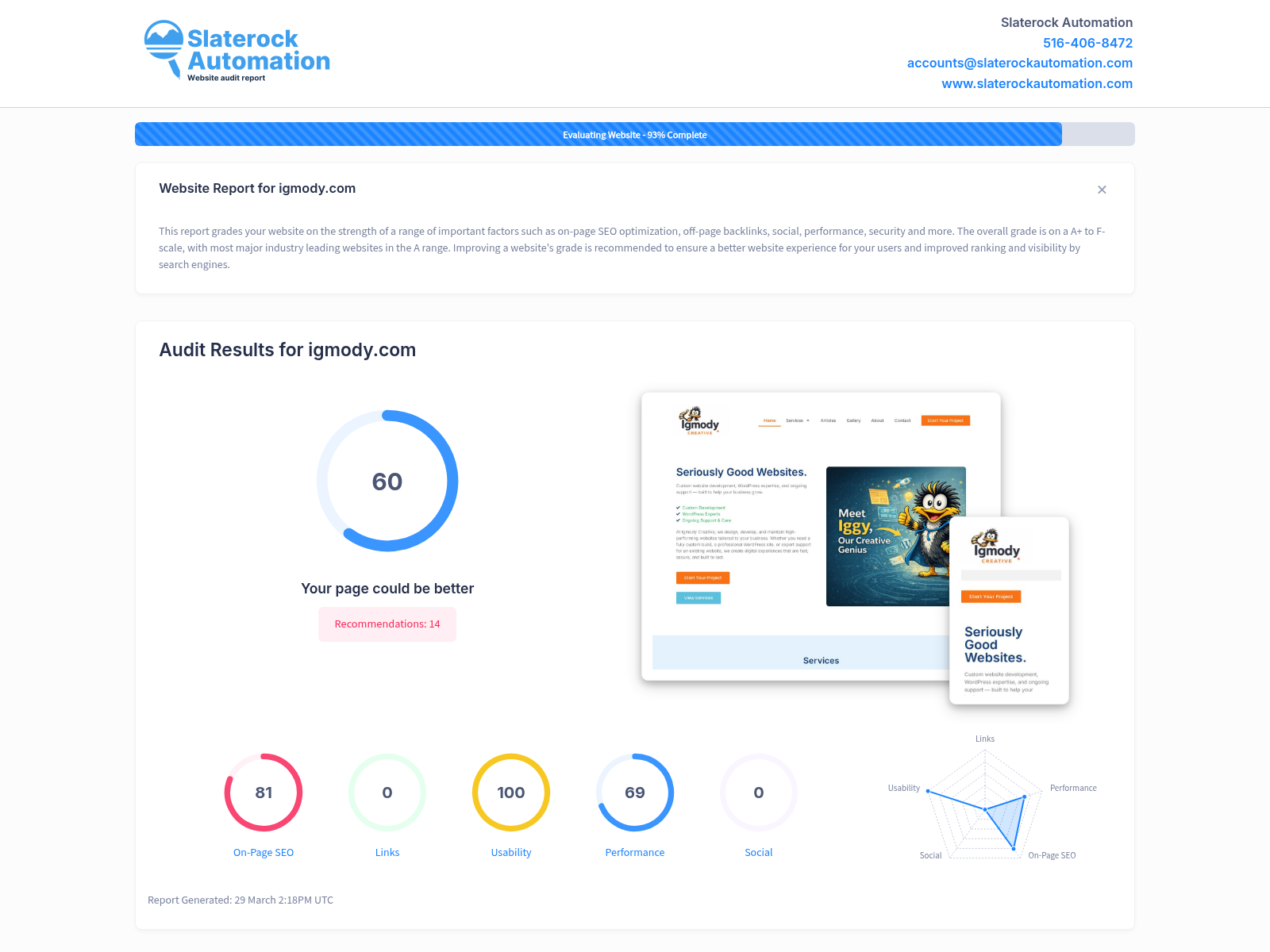 Website audit screenshot showcasing Igmody Creative's web performance and optimization features.