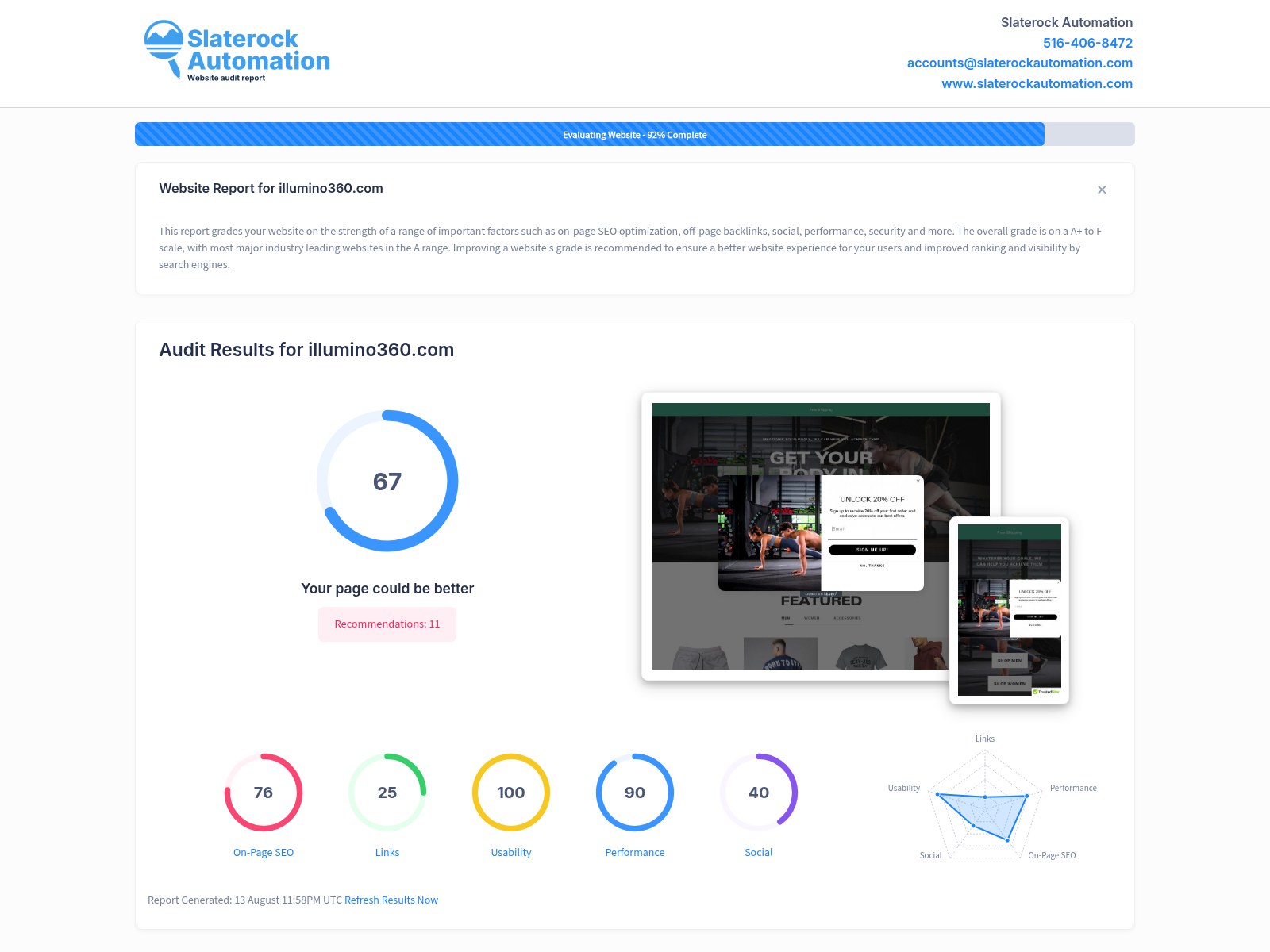 Screenshot of Illumino360 website audit showcasing fitness programs and equipment.