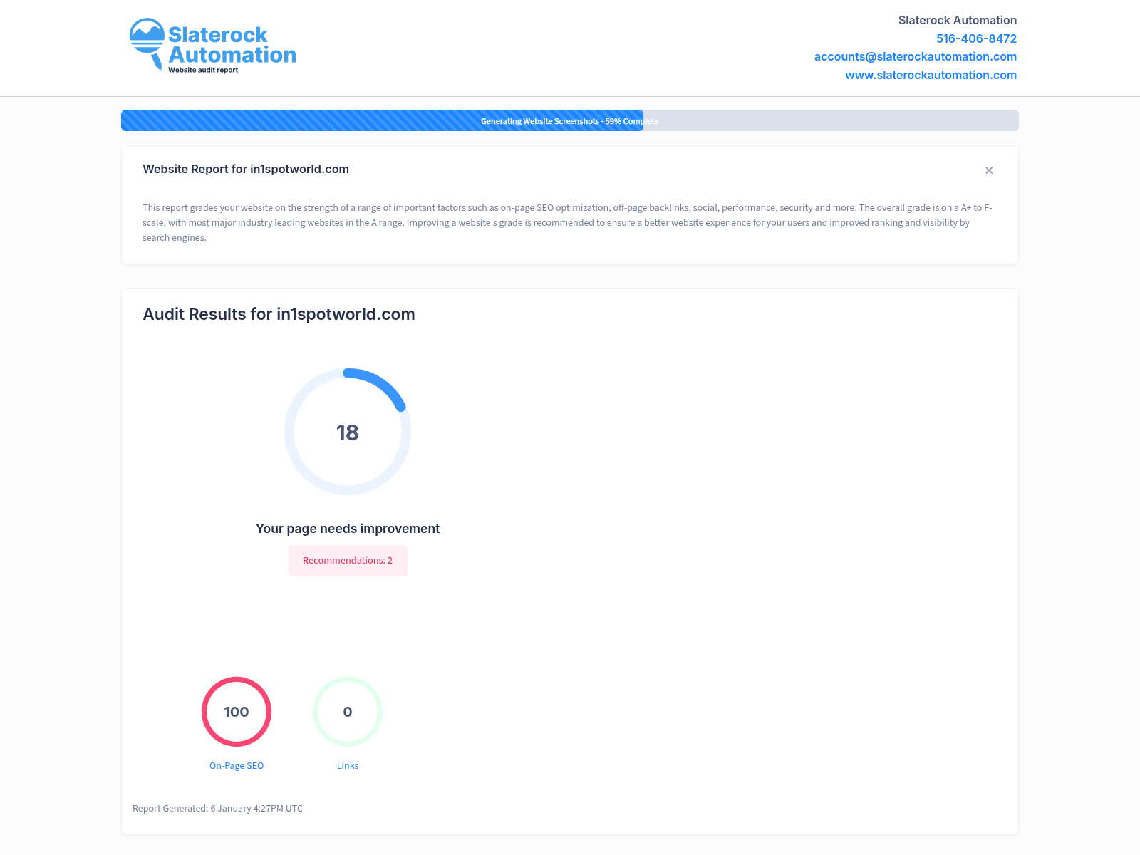 Screenshot of In1SpotWorld's website audit showcasing its high-quality, unique fashion offerings.