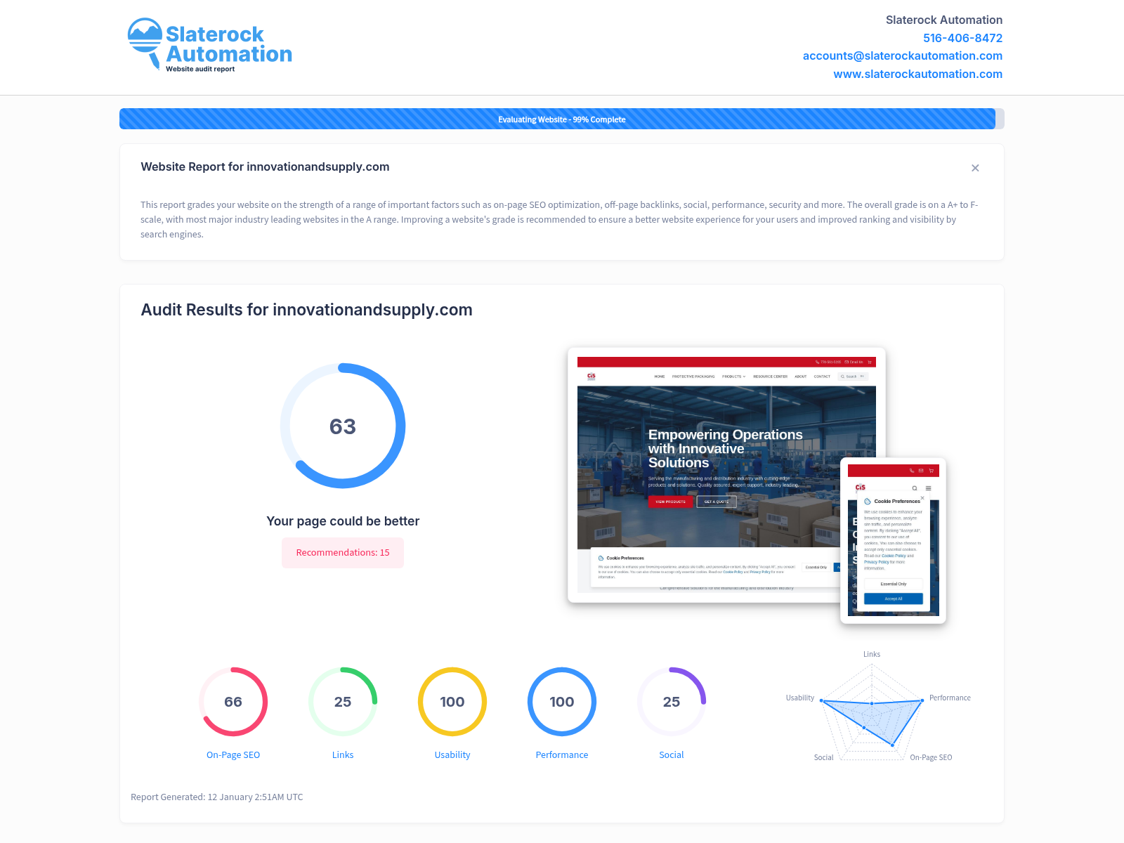 Website audit results for Innovation and Supply showing top performance in supply chain strategy and client satisfaction.