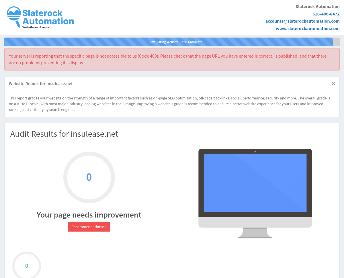 Screenshot of Insulease website audit showcasing health-related services and products for diabetes management.