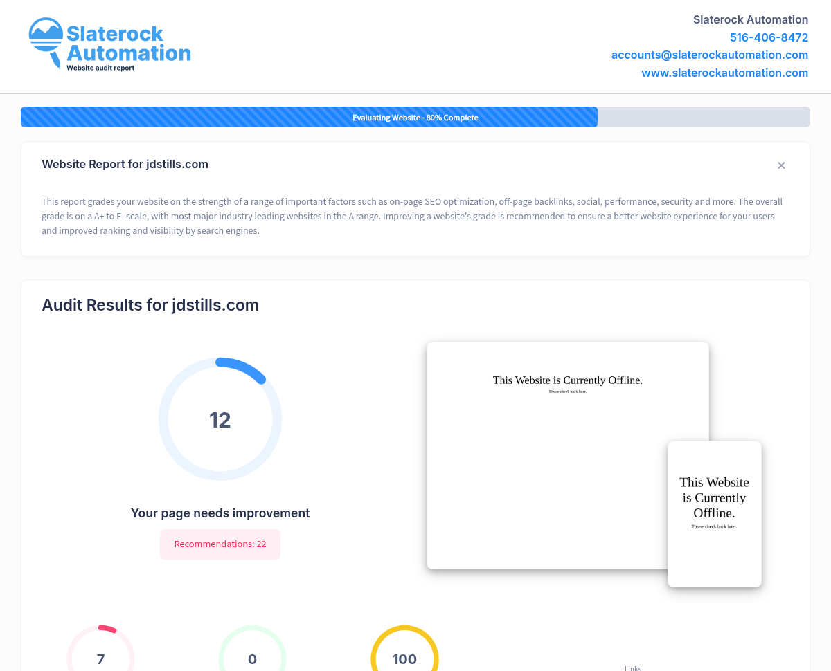 Screenshot of JD Stills website audit showing business reputation and community engagement.