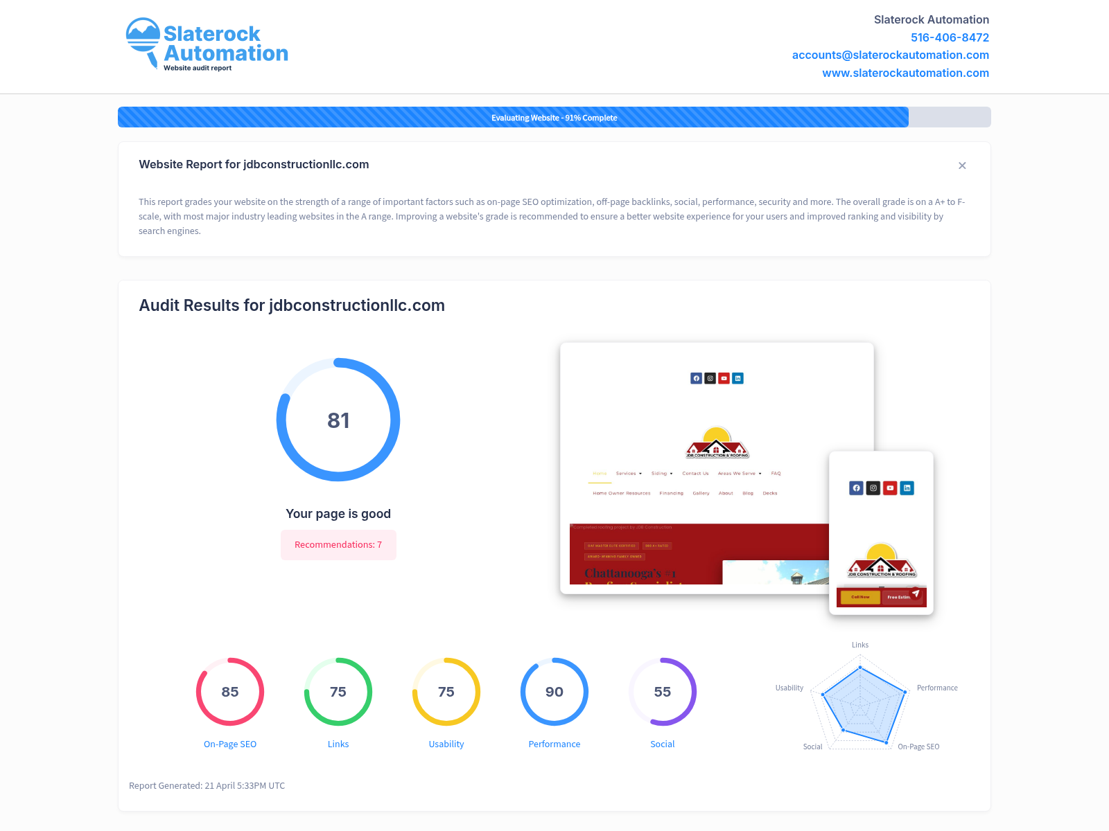 Screenshot of JDB Construction LLC website audit showing performance and optimization metrics.