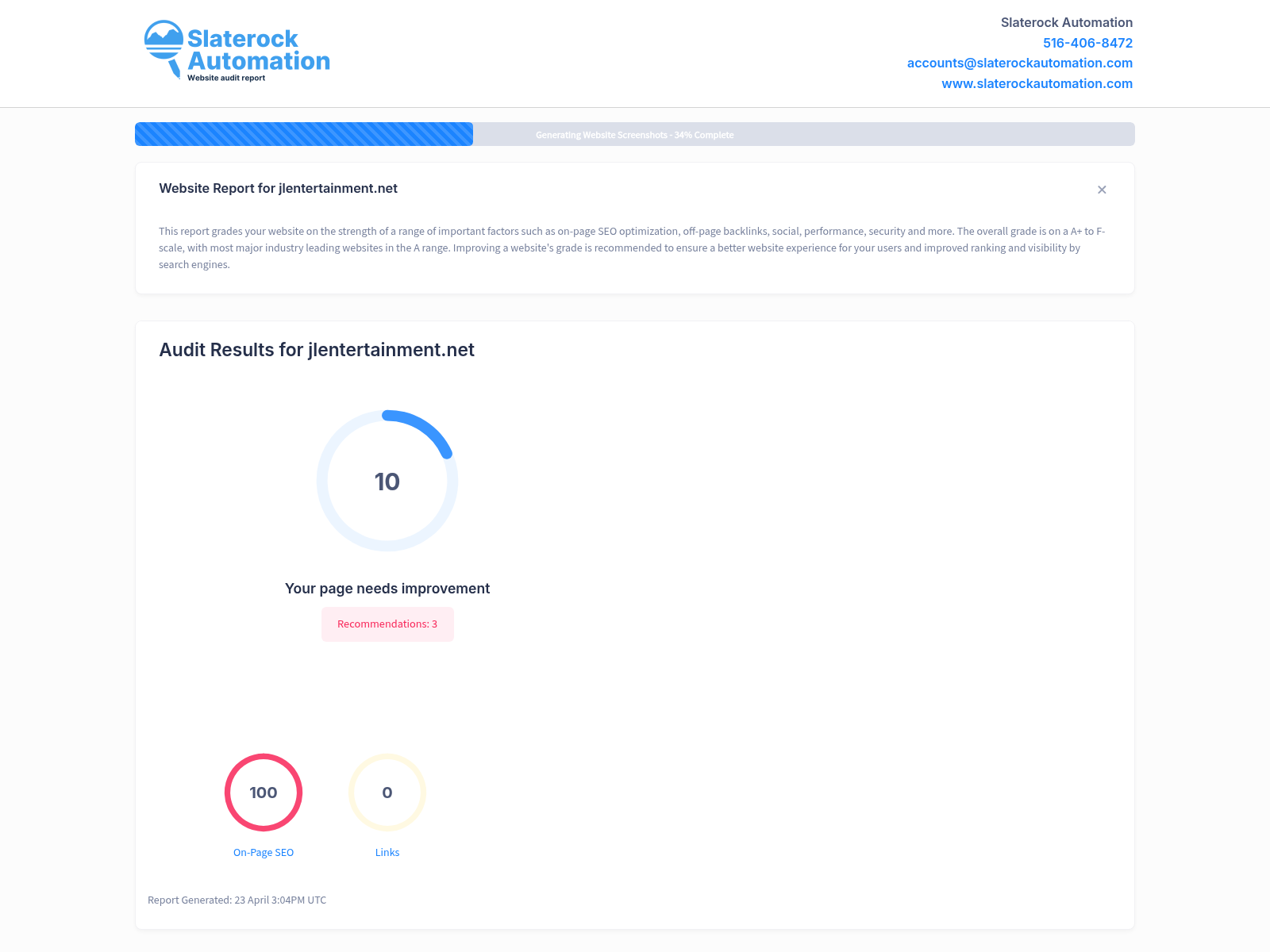 Screenshot of a website audit showcasing JL Entertainment's optimized performance and features.