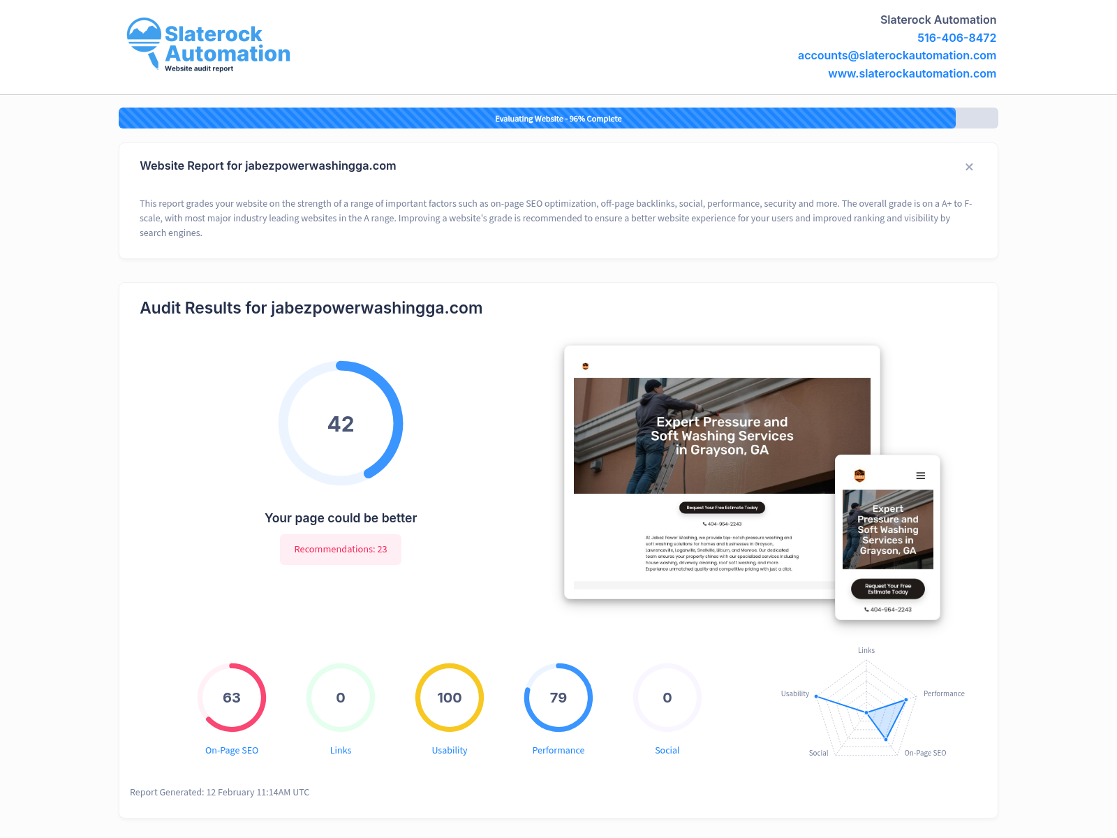 Screenshot of Jabez Power Washing website audit showcasing their services and customer reviews.