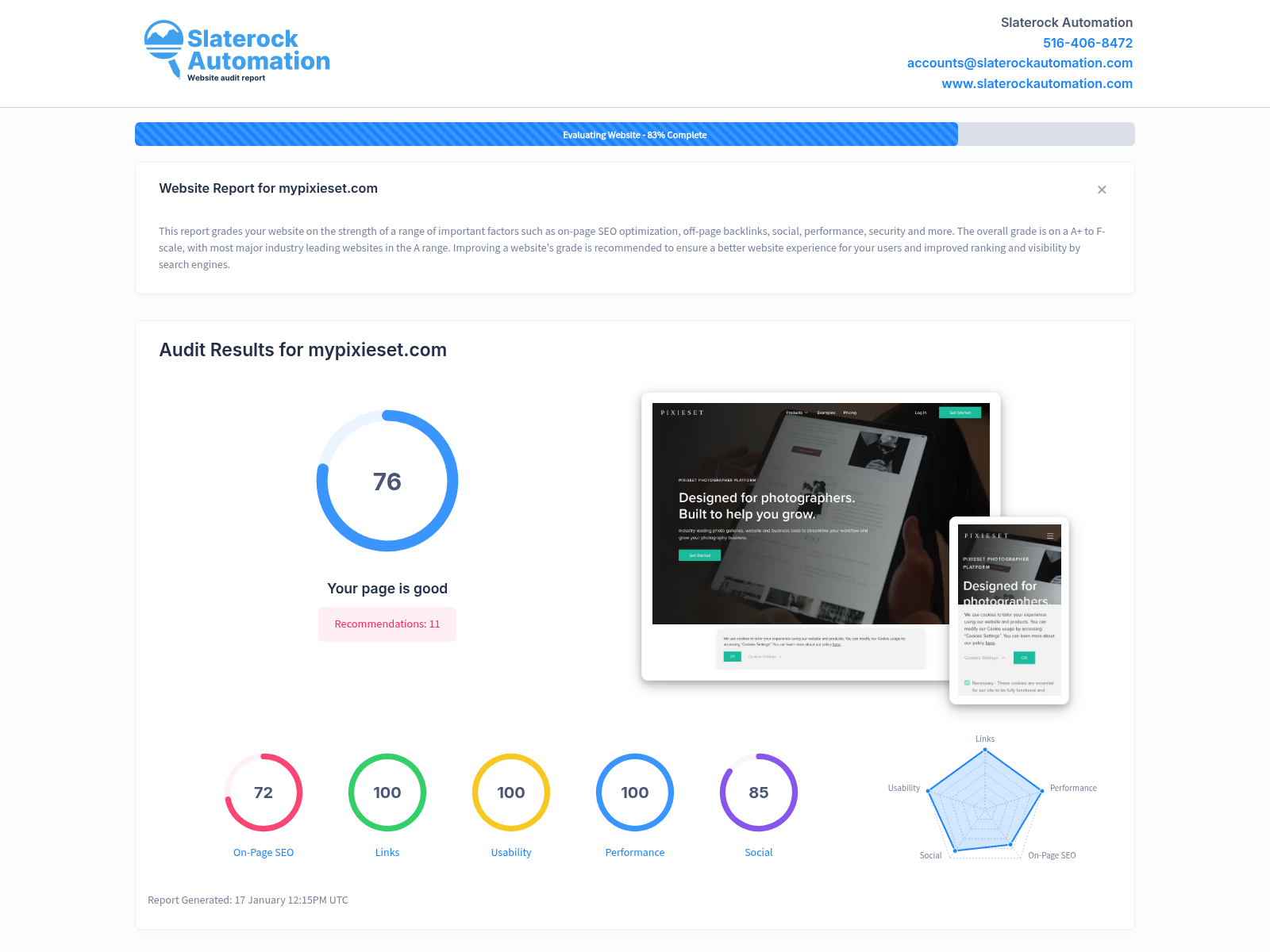 Screenshot showing a website audit for Jason Swinney Photography highlighting SEO improvements and site performance metrics.