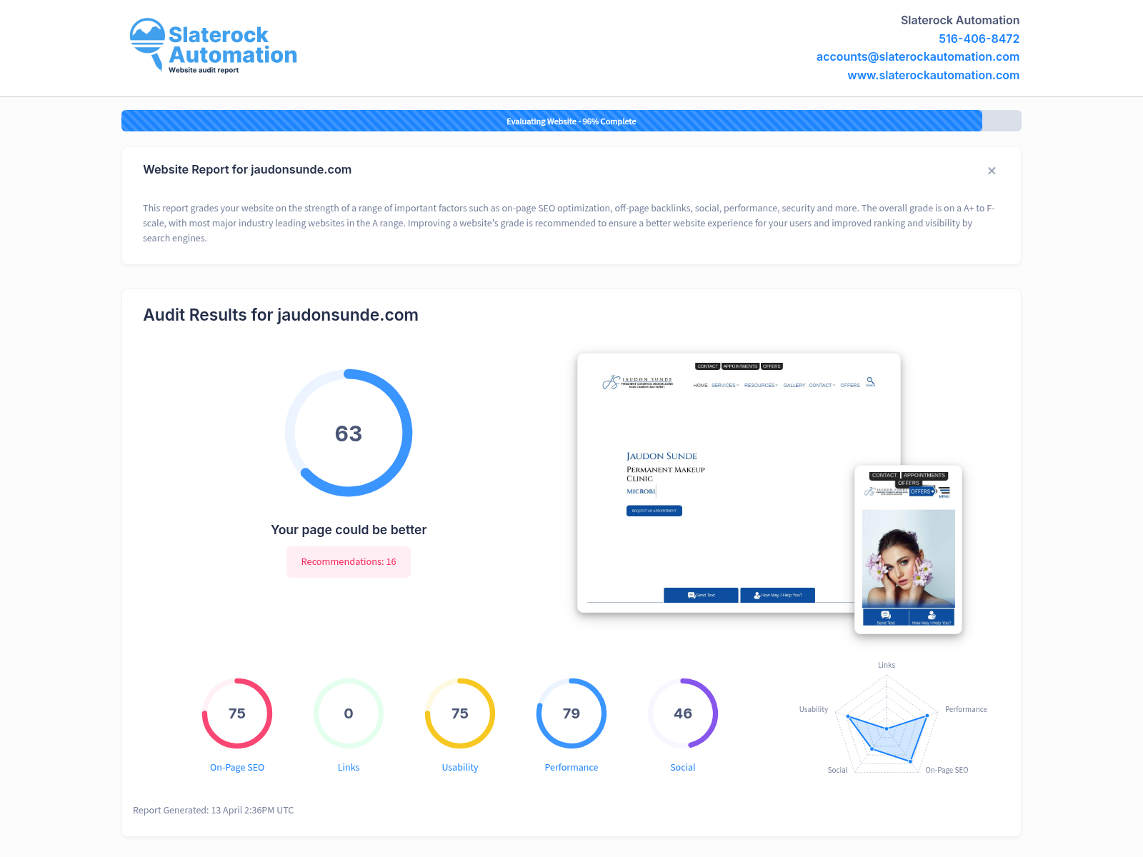 Website audit screenshot showcasing Jaudon Sunde's beauty services and expertise in Permanent Cosmetics.