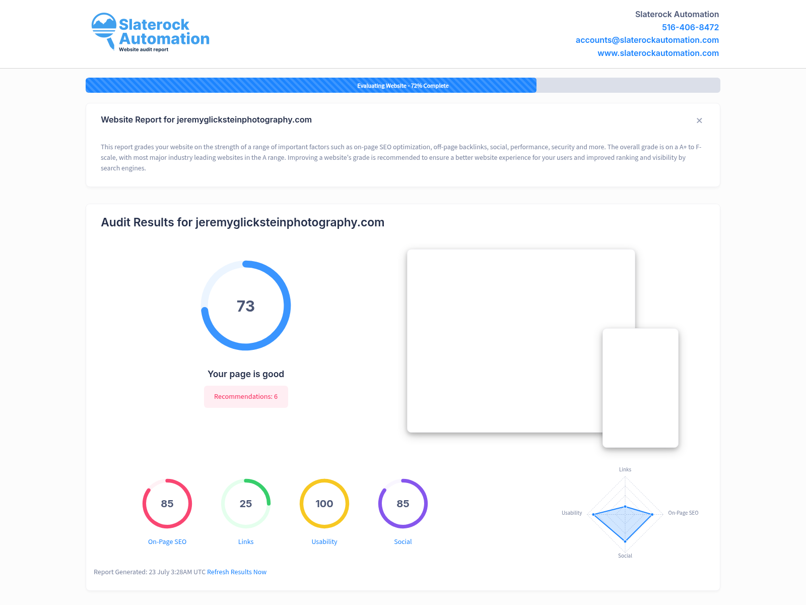 Website audit screenshot showcasing Jeremy Glickstein Photography's homepage and portfolio.