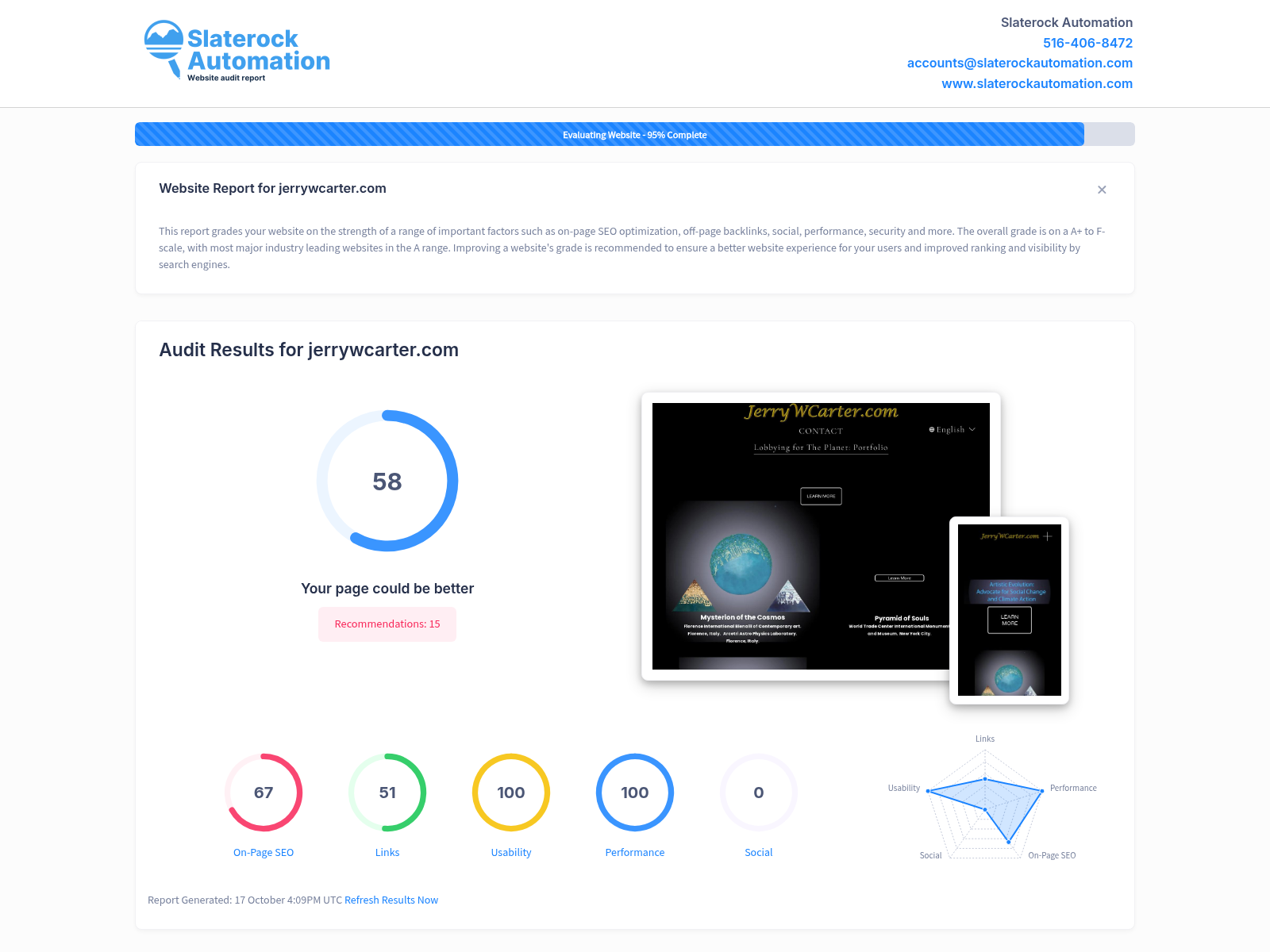 Website audit screenshot showcasing Jerry W Carter's client reviews and services.