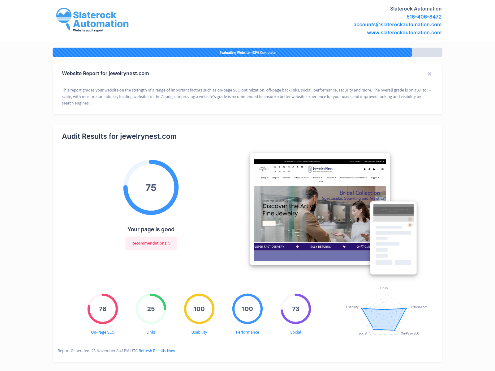 JewelryNest website audit showing high-quality handcrafted jewelry collections.