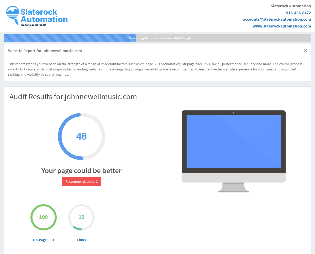 A detailed website audit screenshot showcasing John Newell Music's online presence and services in Hancock, Maine.
