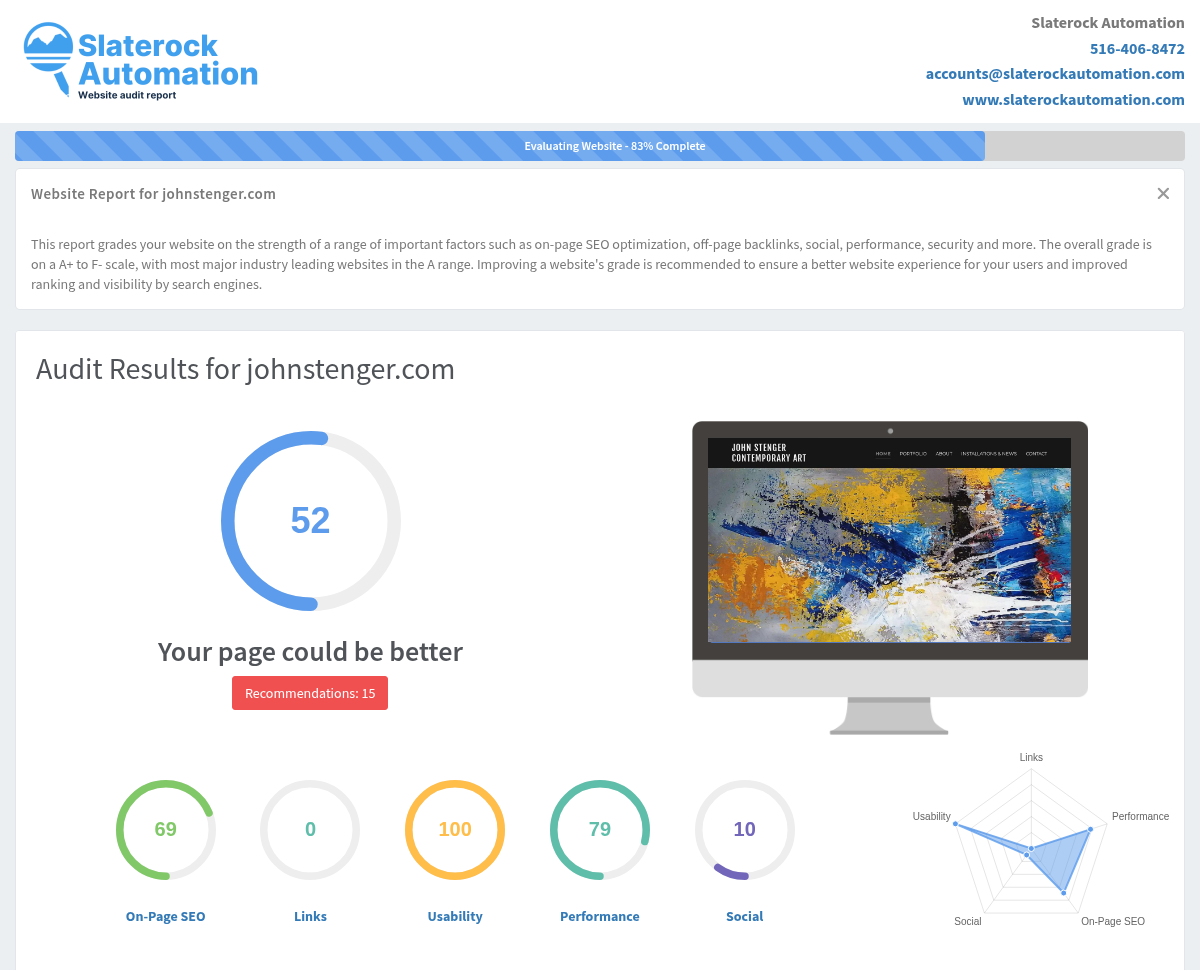Screenshot of John Stenger's website audit showcasing his contemporary art portfolio and online presence.