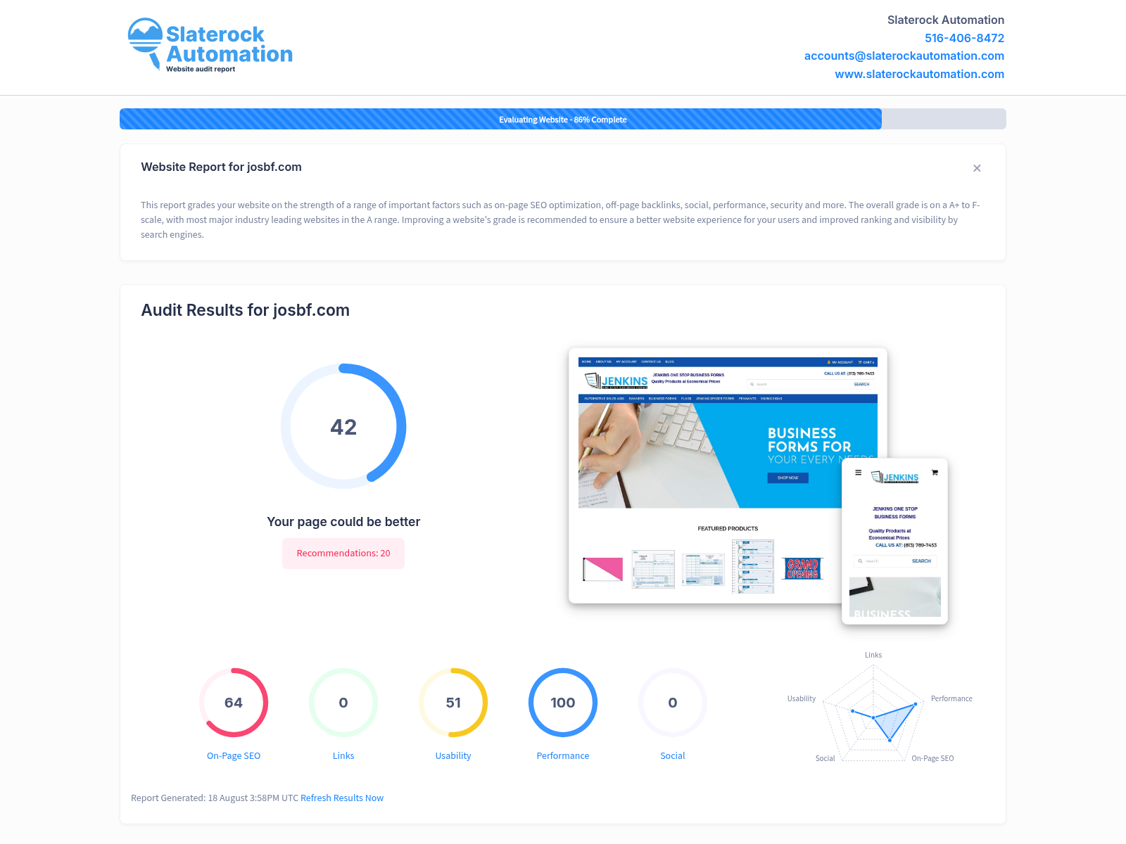 Screenshot of Josbf website audit showcasing strong reputation and customer reviews.