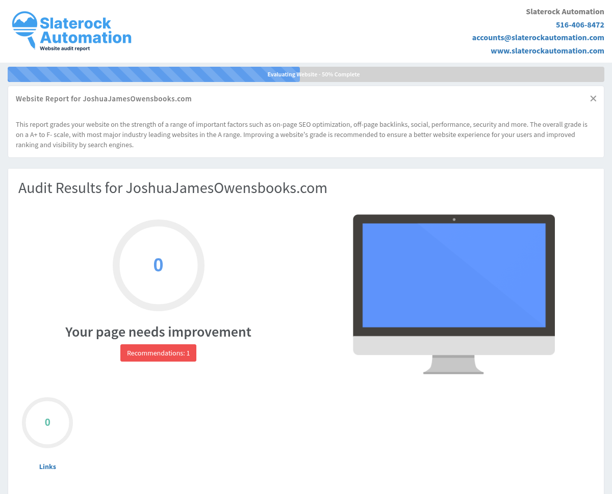 Screenshot of Joshua James Owens Books website audit showing performance metrics and optimization suggestions.