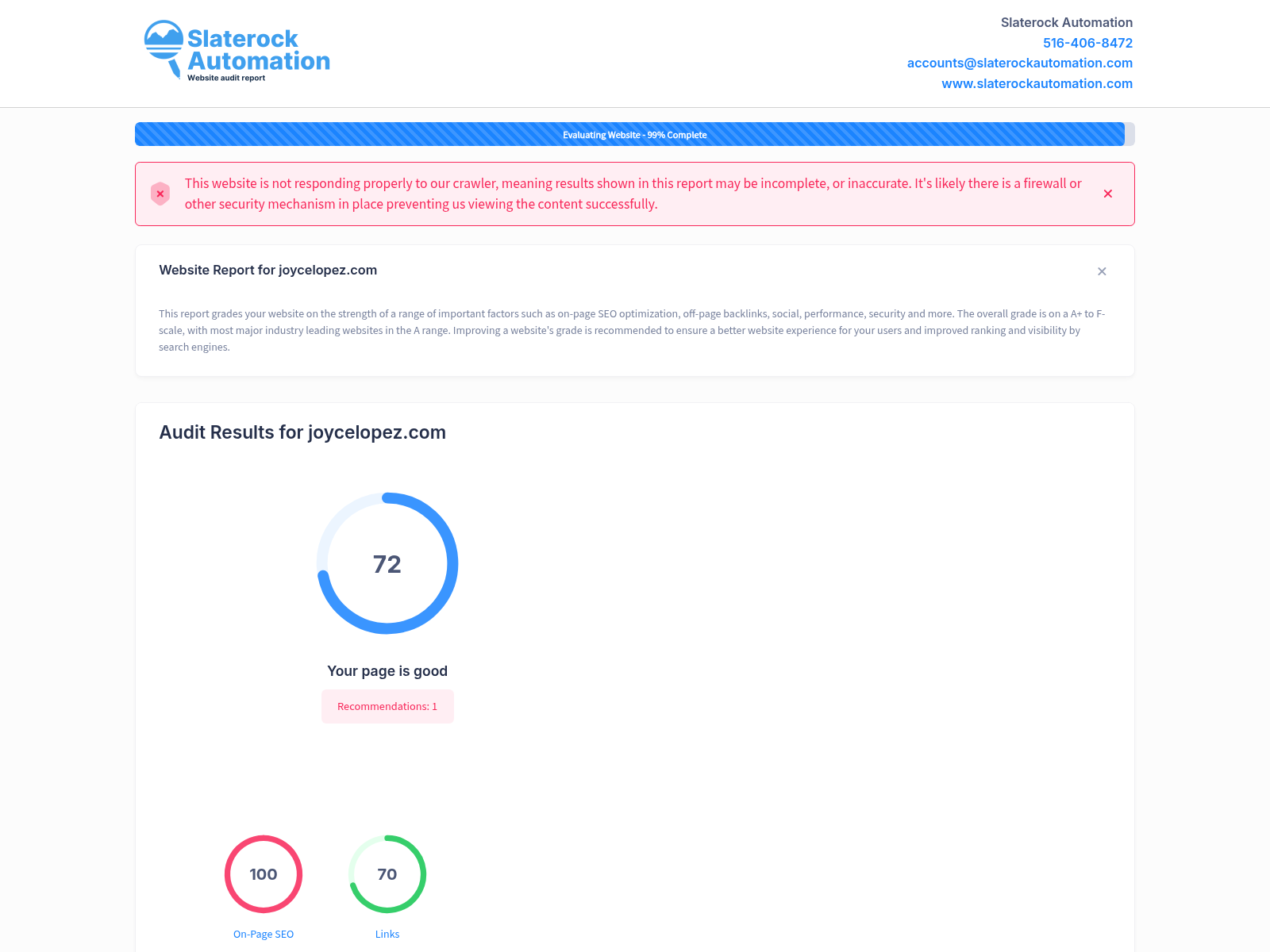 Screenshot of Joyce Lopez's website audit showcasing positive feedback and high professionalism.