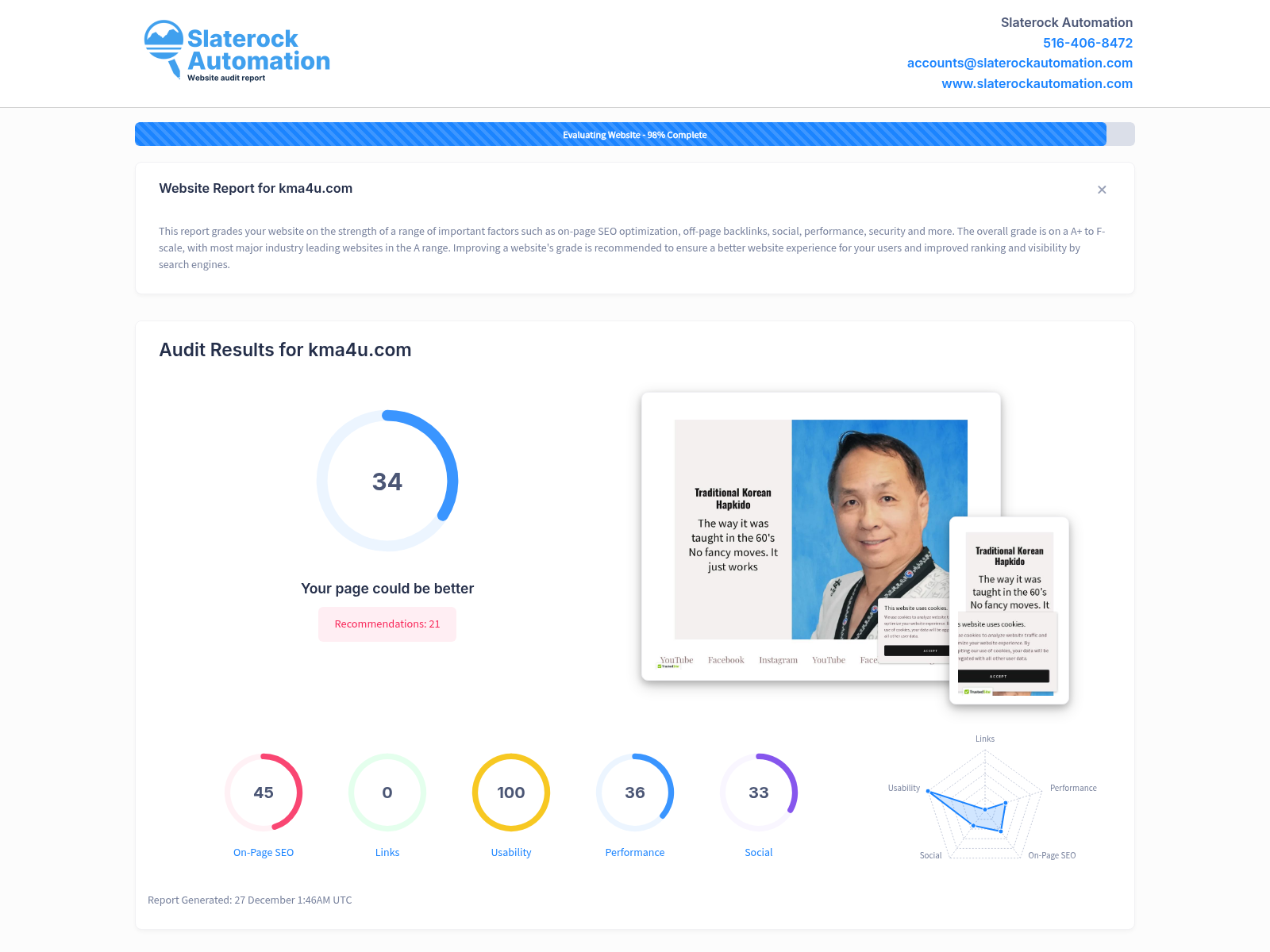 Screenshot of KMA4U's website audit showcasing their Hapkido training programs and free resources.