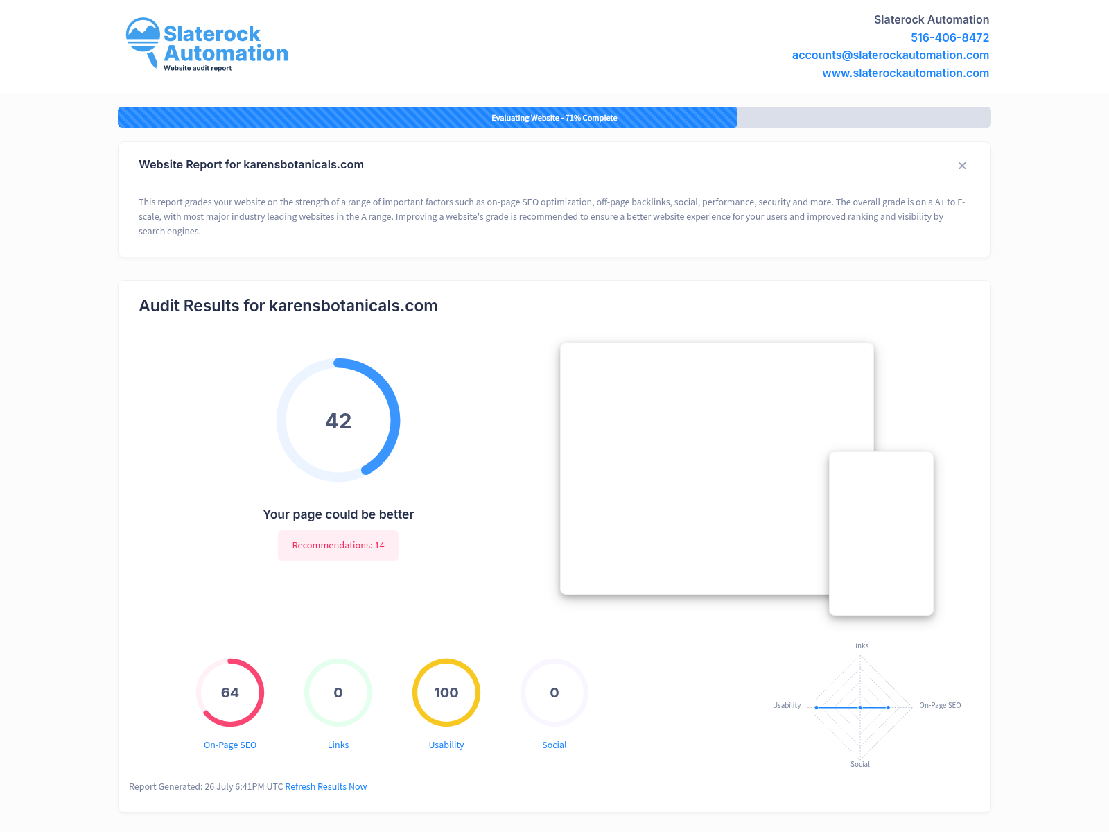 Screenshot of Karen's Botanicals website audit showcasing SEO performance and insights.