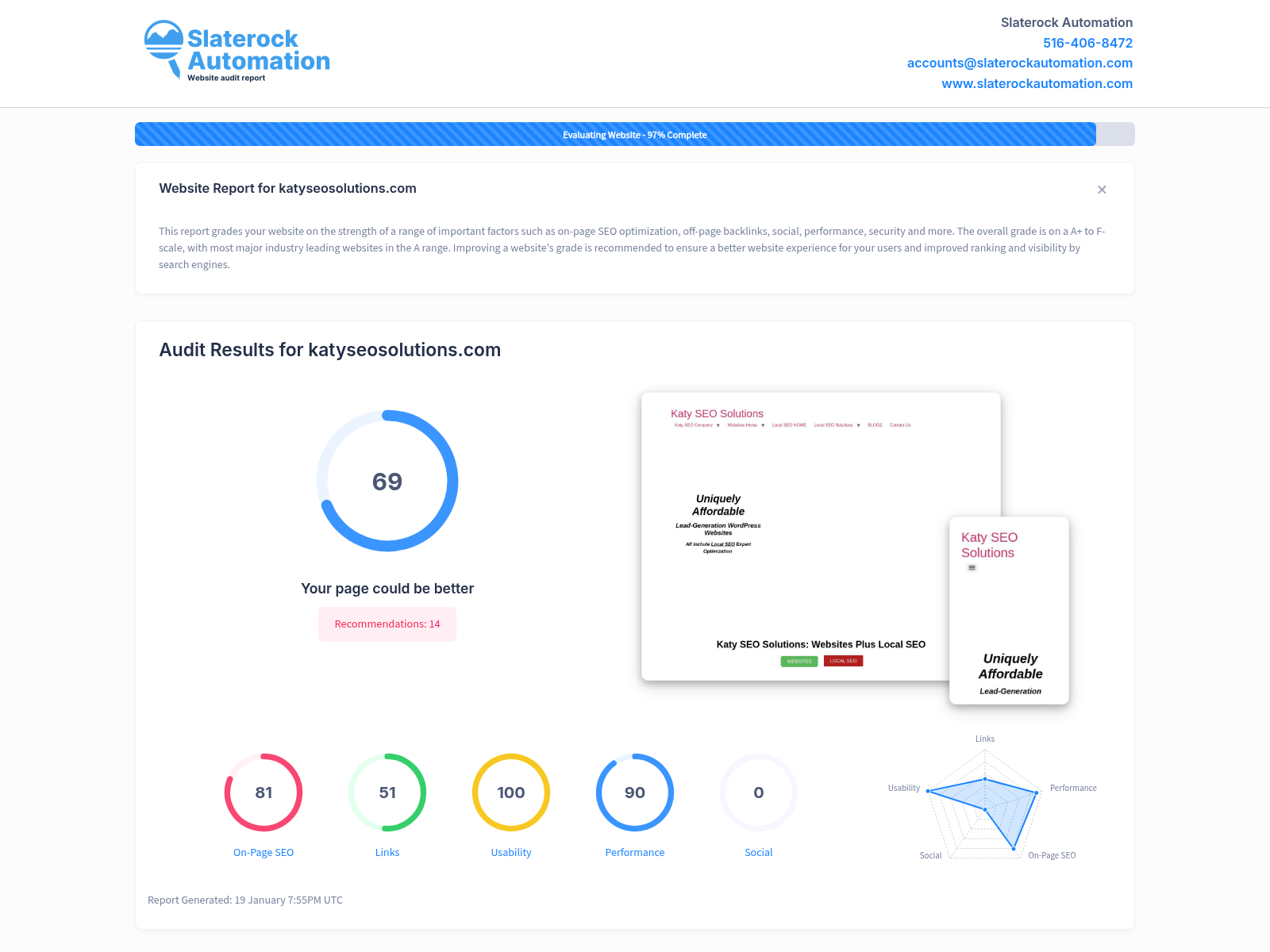 Screenshot of Katy SEO Solutions website audit showing optimization results and recommendations.