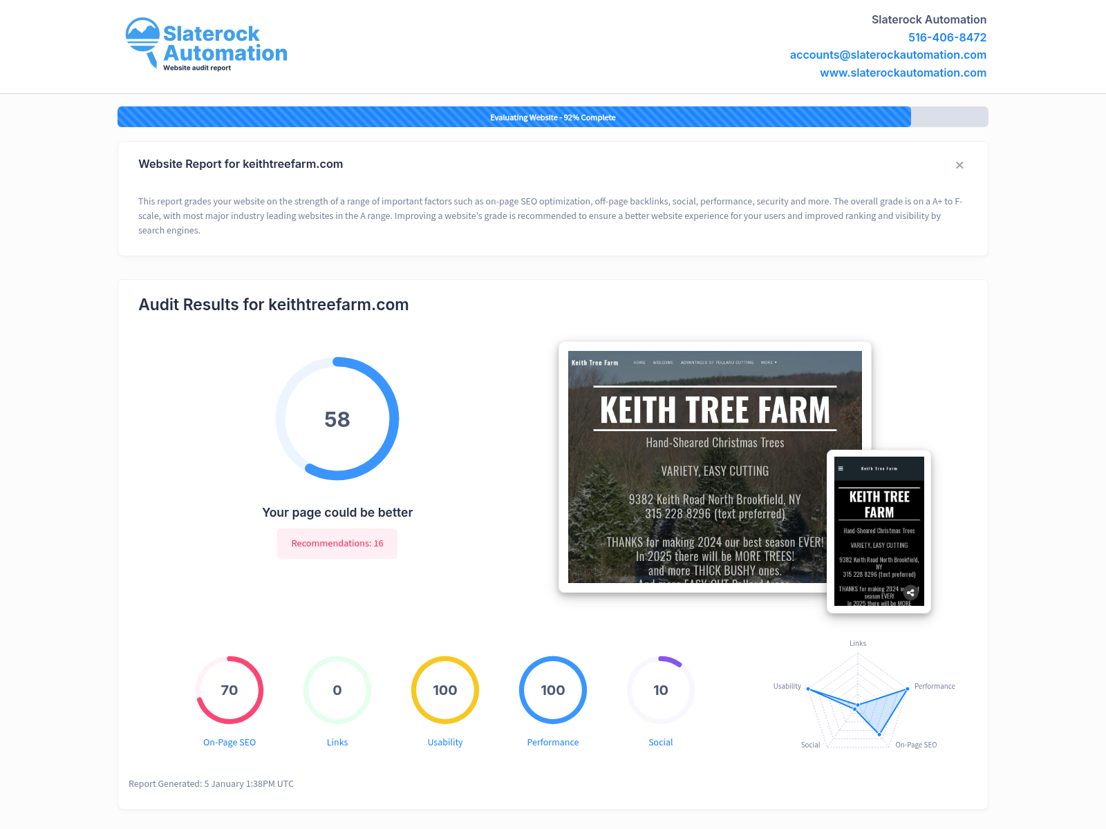 Screenshot of the website audit for Keith Tree Farm, showcasing its eco-friendly practices and local offerings.