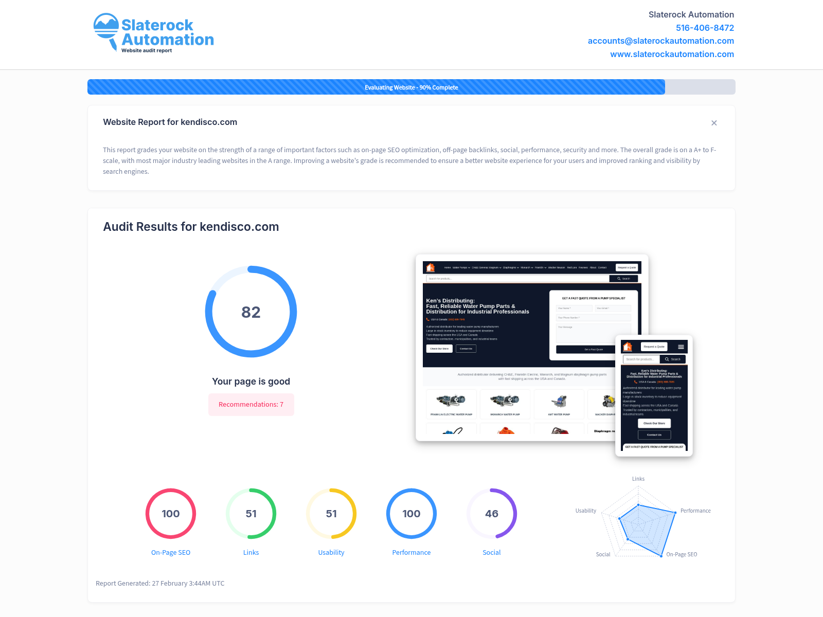 Screenshot of Kendisco website audit showcasing inventory and shipping details.