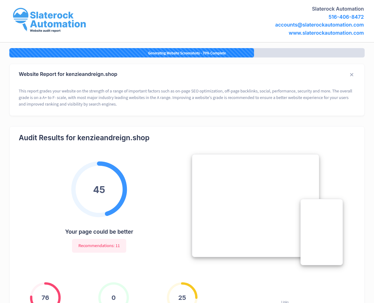Screenshot of Kenzie and Reign website audit showcasing product range and customer reviews.