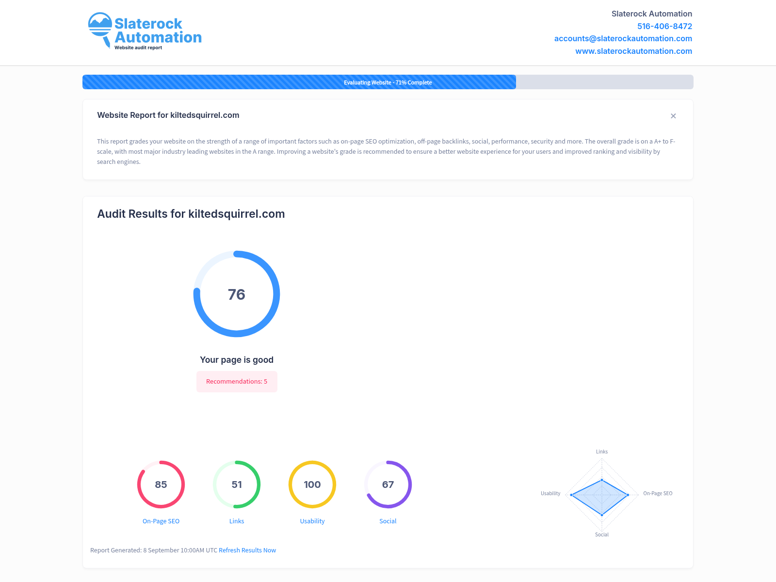 Screenshot of Kilted Squirrel's website audit showcasing SEO performance and user engagement metrics.